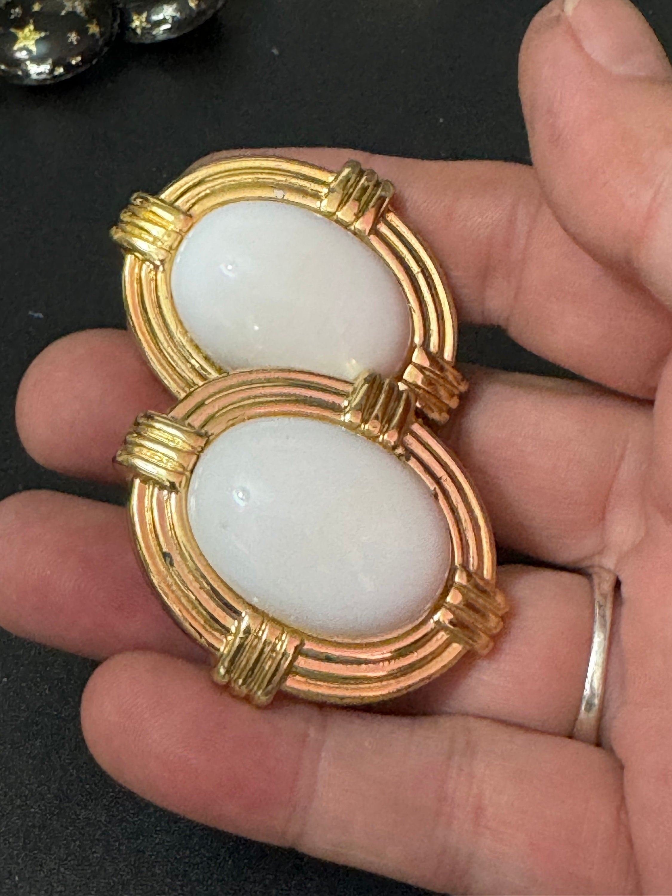 Oversized vintage oval white button low domed plastic button Clip On Earrings gold tone lightweight 4cm
