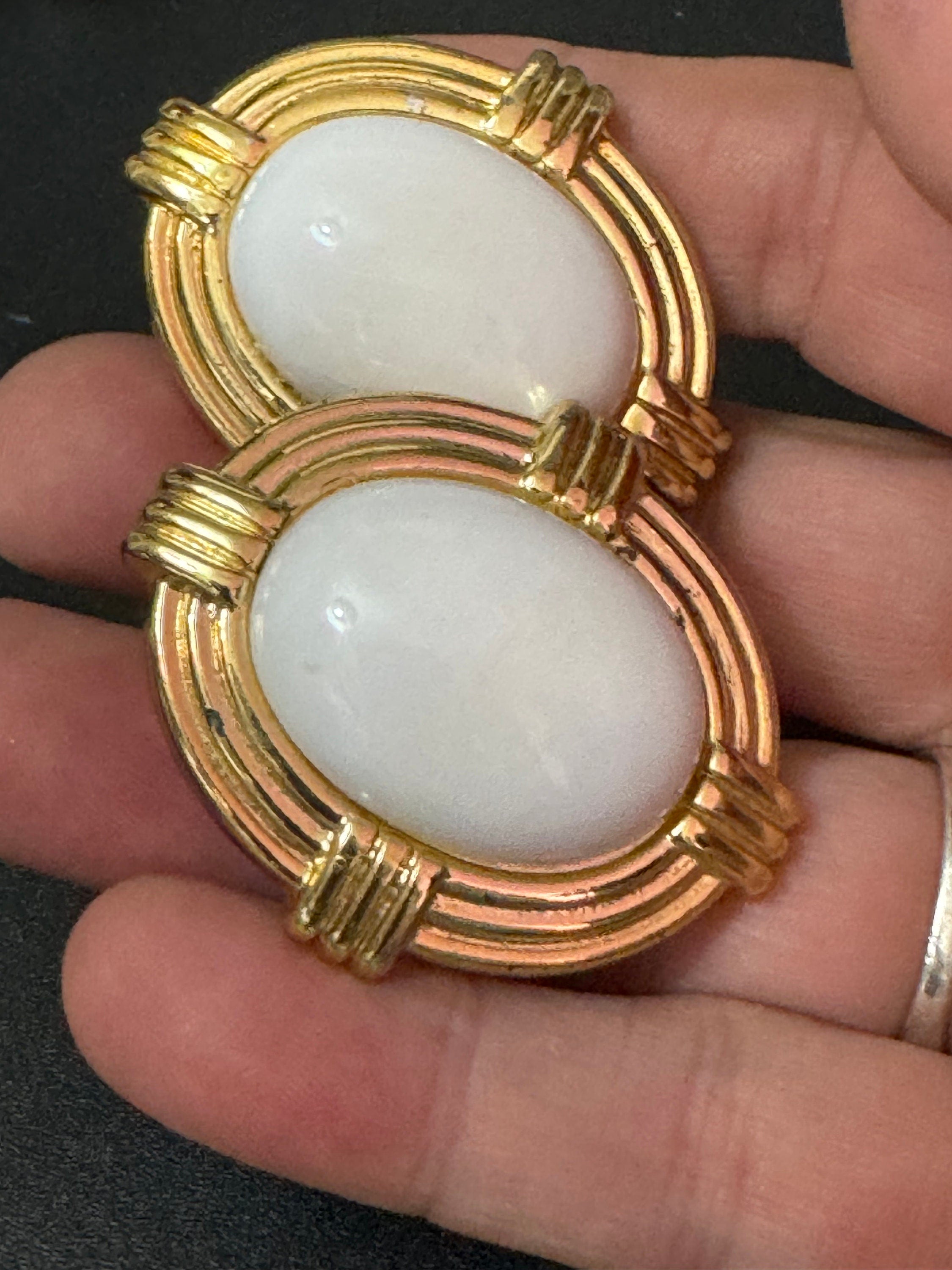 Oversized vintage oval white button low domed plastic button Clip On Earrings gold tone lightweight 4cm