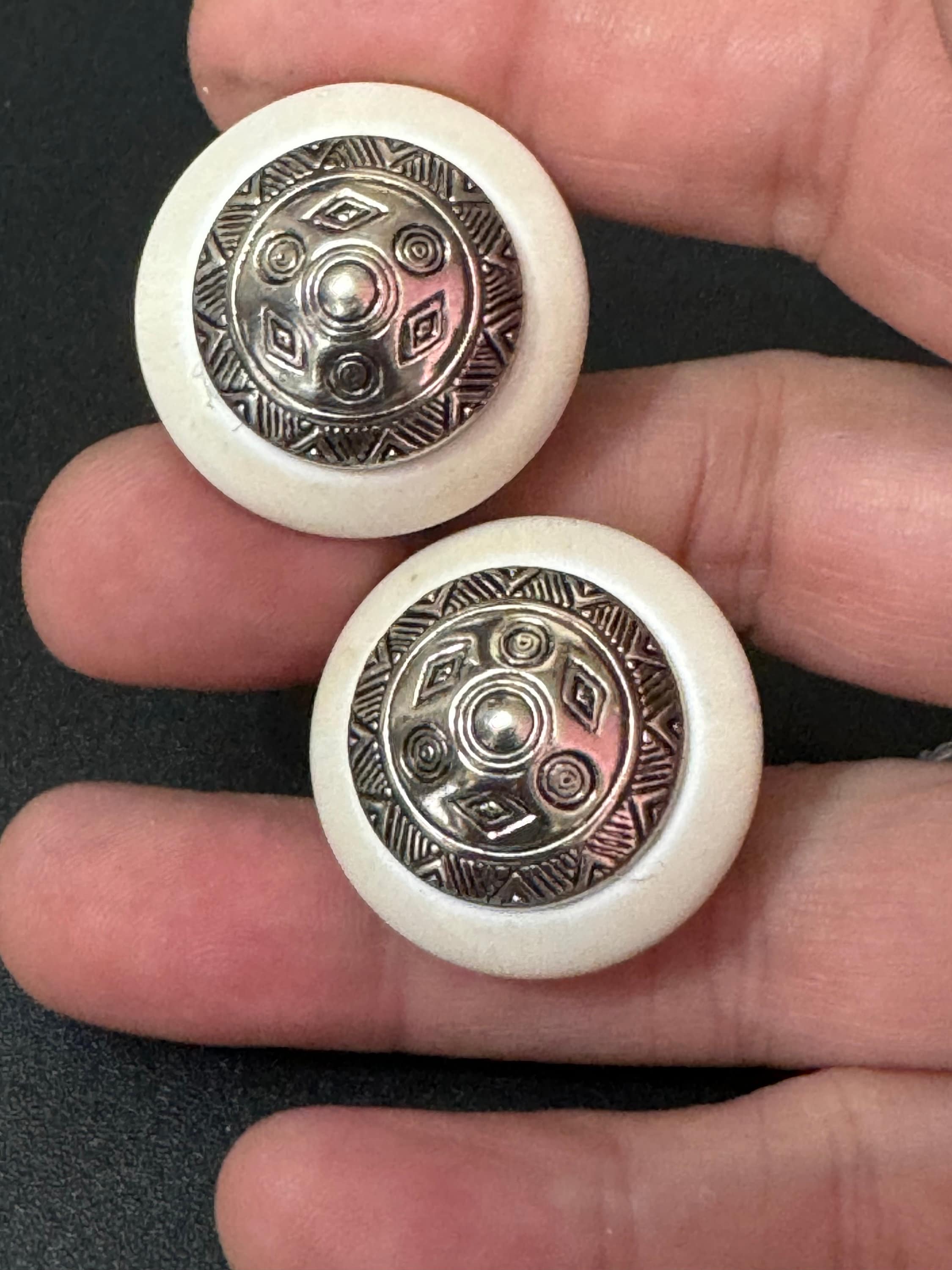 Stylish silver tone beige cream neutral clip on button earrings