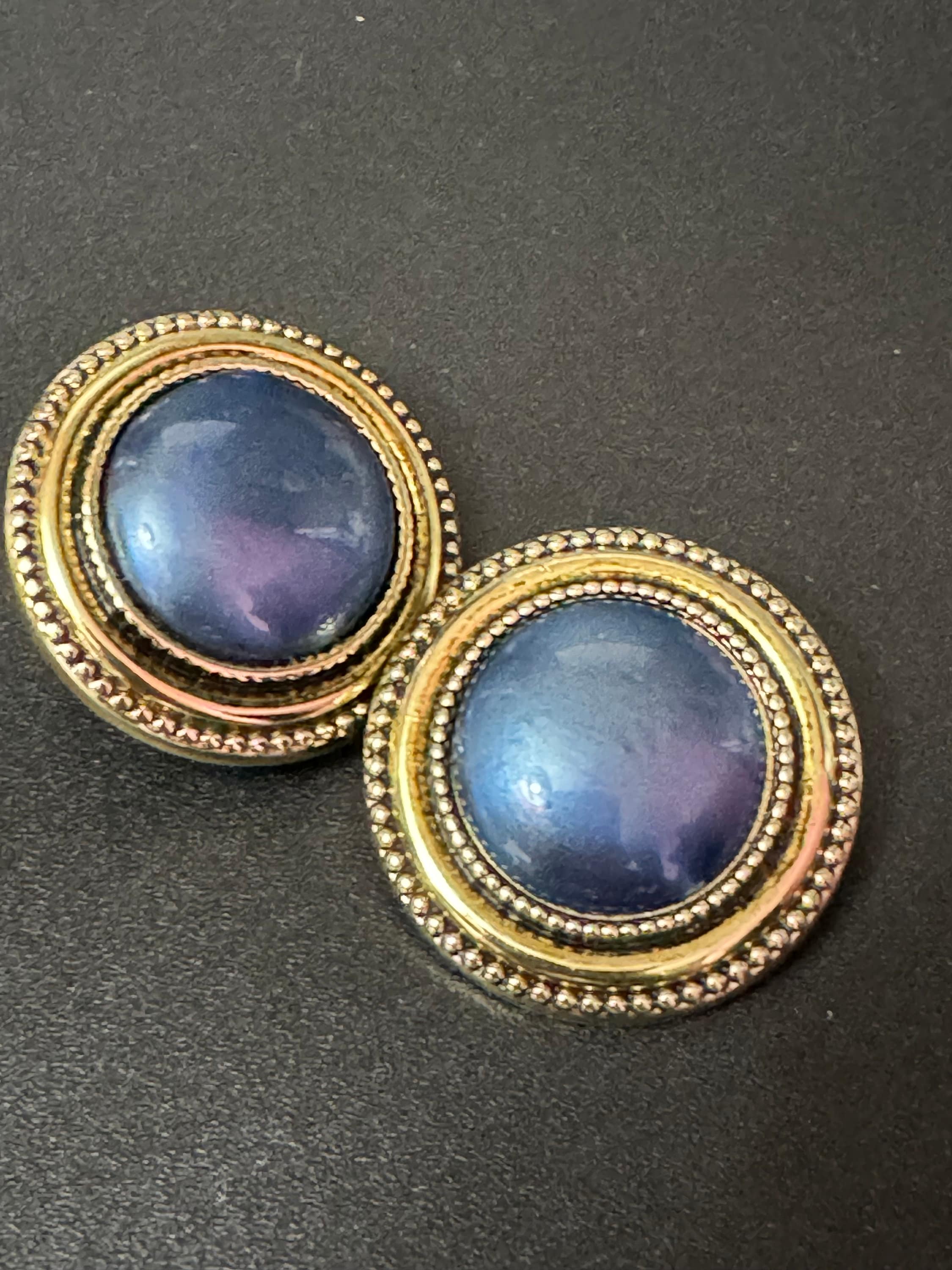 Vintage oversized dusky petrol blue  cabochon large button clip on earrings lightweight plastic 2.5cm