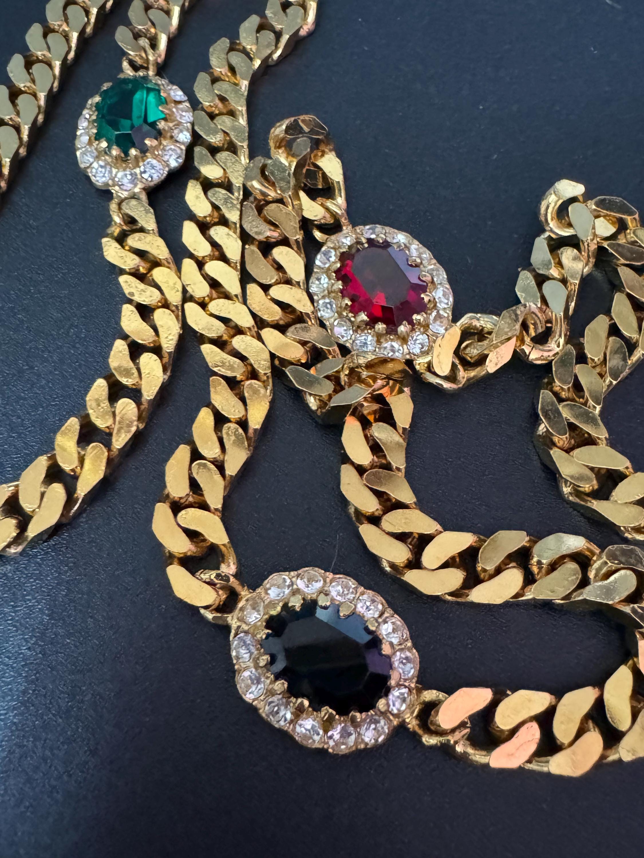 Vintage emerald green , ruby red and sapphire blue genuine Swarovski crystal long gold tone chain station necklace 77cm