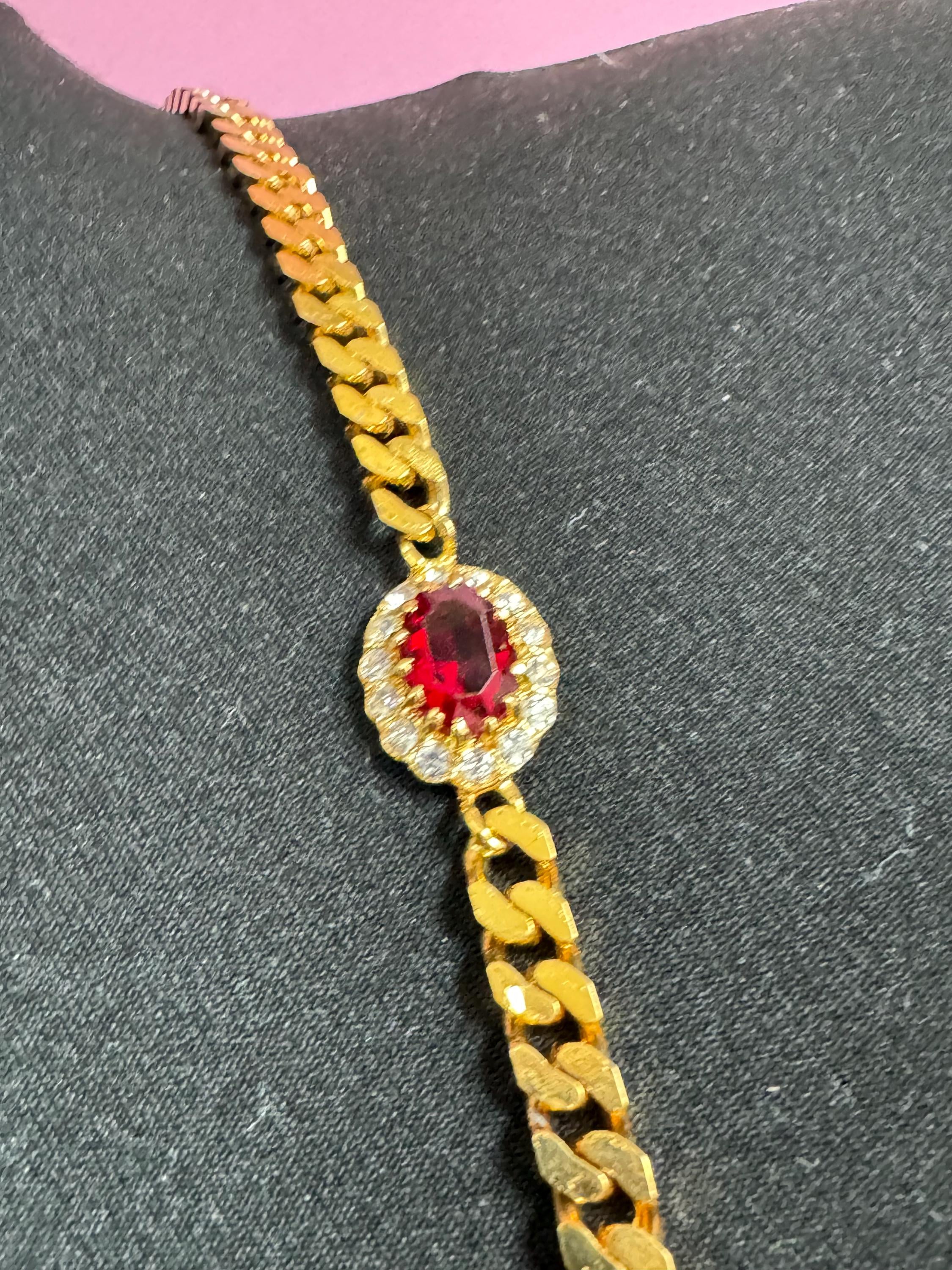 Vintage emerald green , ruby red and sapphire blue genuine Swarovski crystal long gold tone chain station necklace 77cm