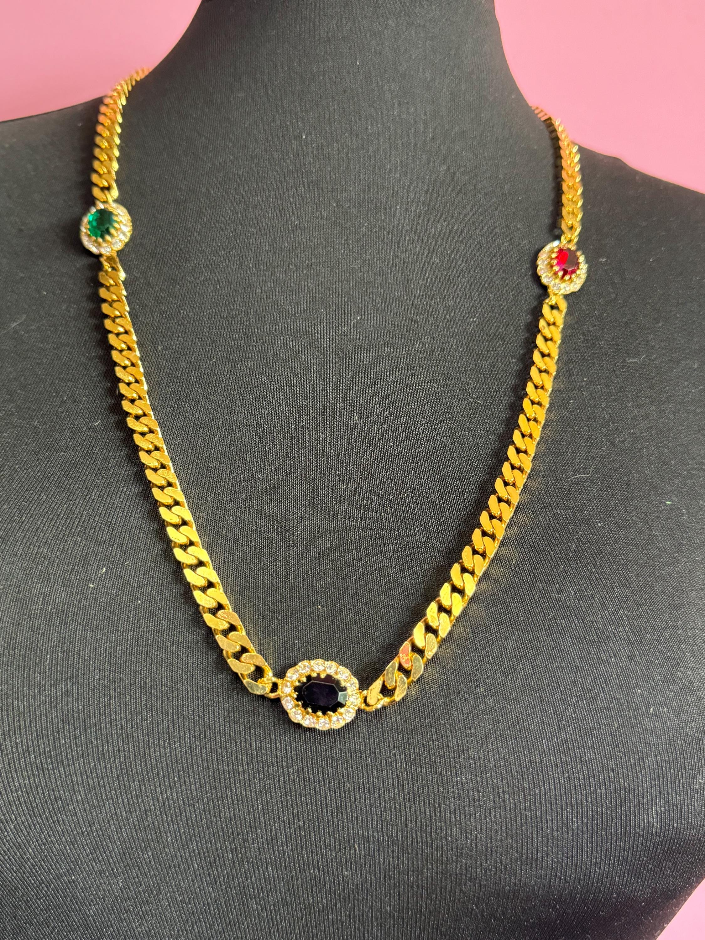 Vintage emerald green , ruby red and sapphire blue genuine Swarovski crystal long gold tone chain station necklace 77cm