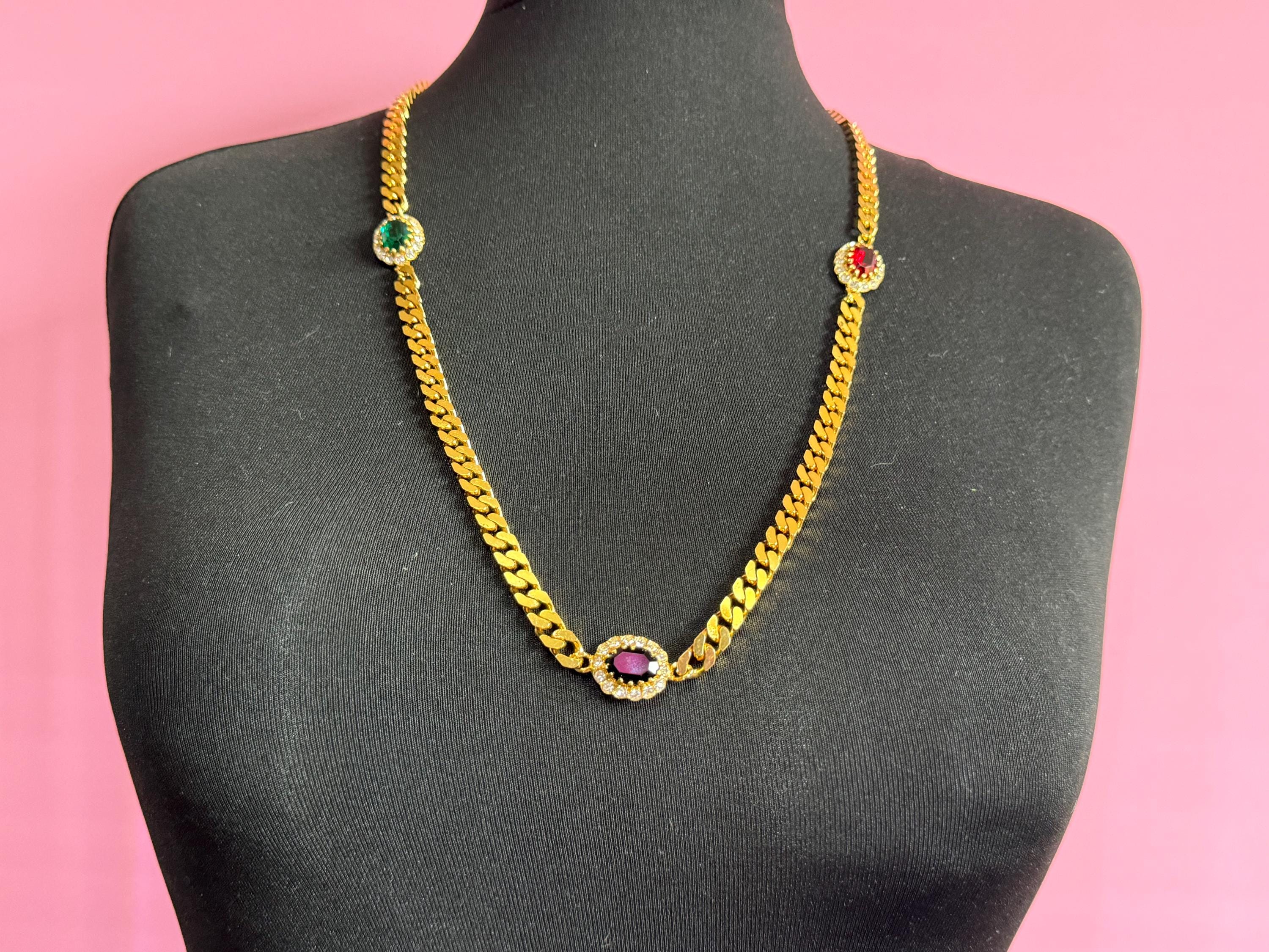Vintage emerald green , ruby red and sapphire blue genuine Swarovski crystal long gold tone chain station necklace 77cm