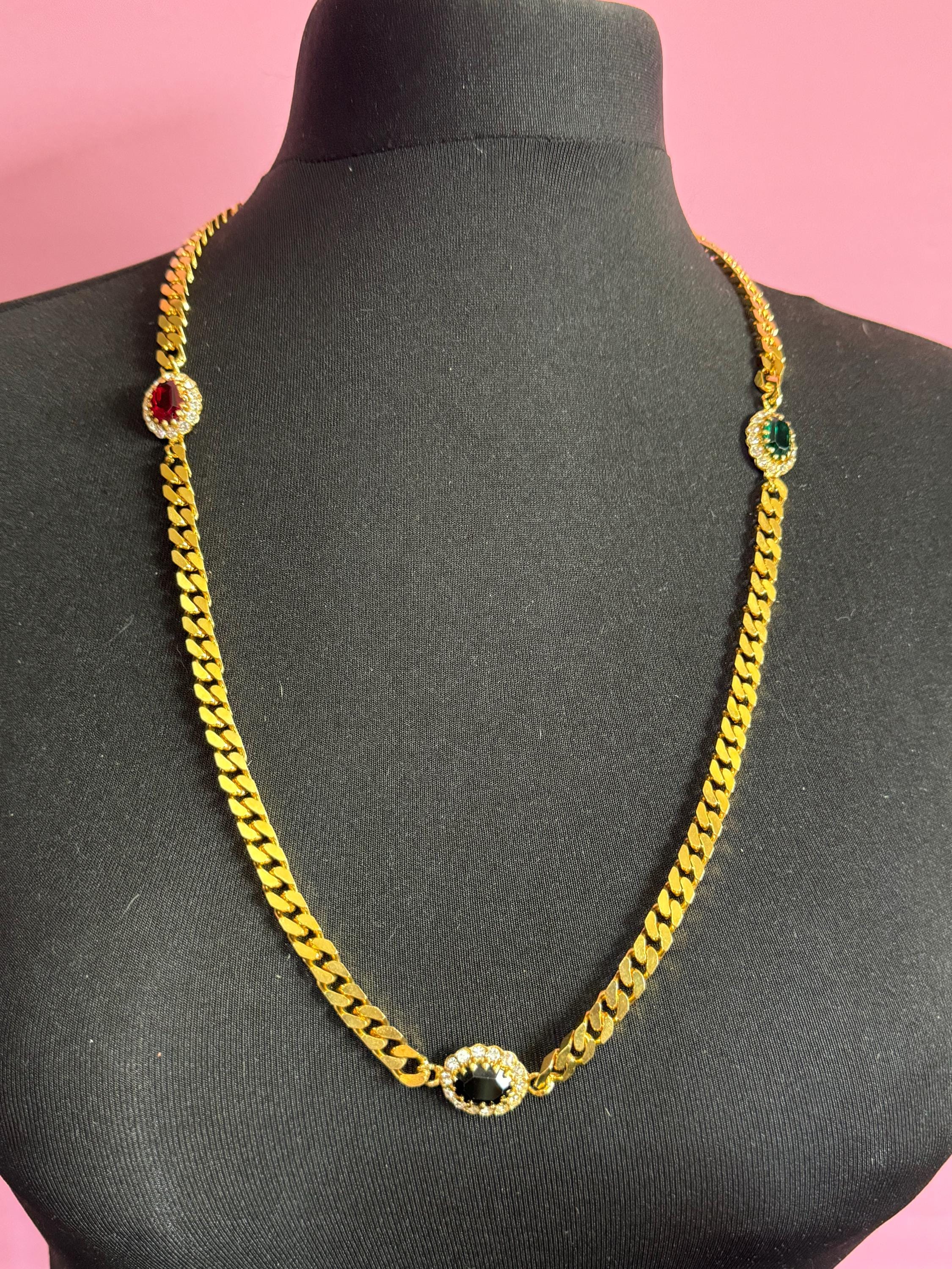 Vintage emerald green , ruby red and sapphire blue genuine Swarovski crystal long gold tone chain station necklace 80cm
