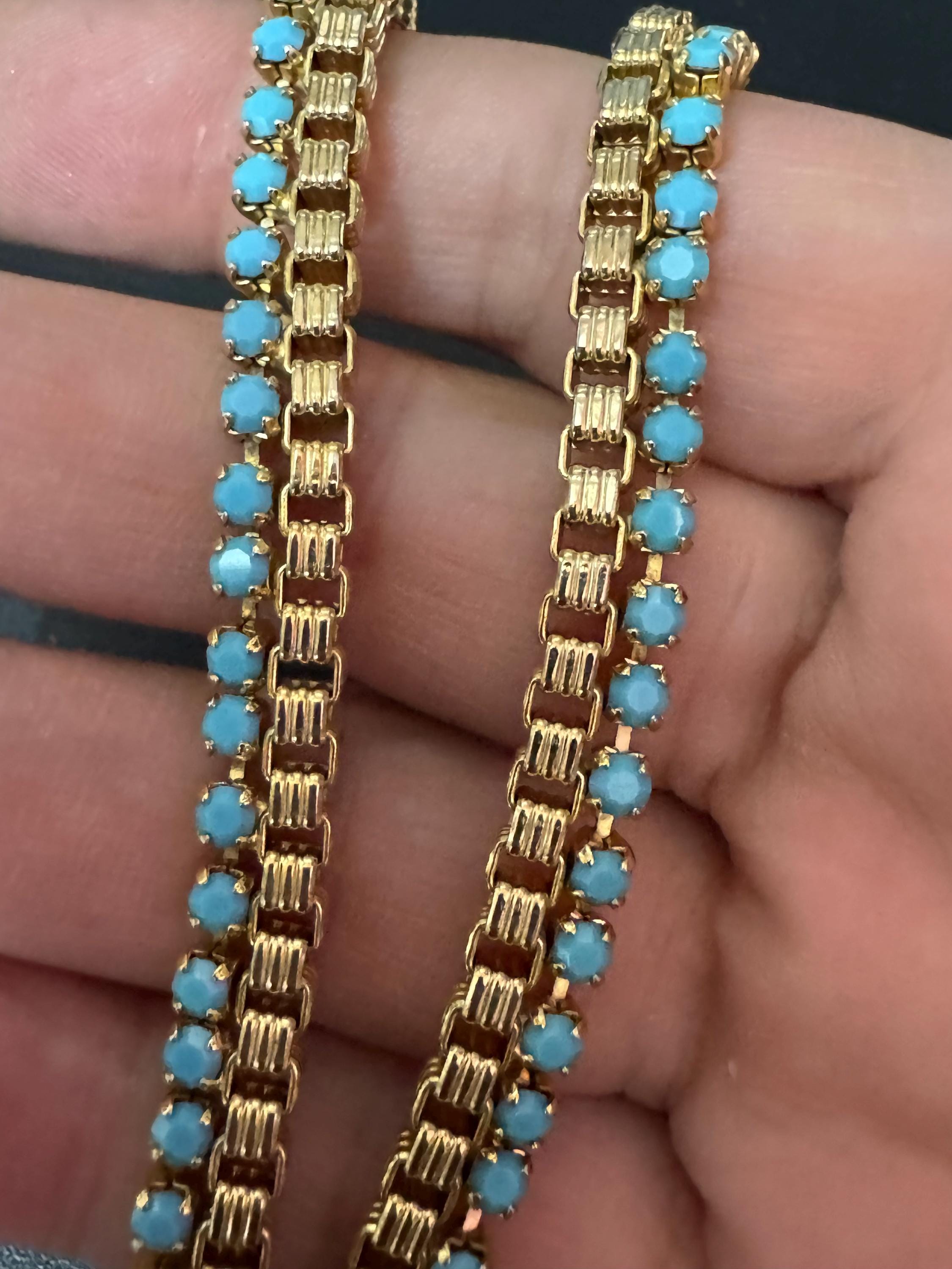 Wide mesh woven choker necklace with turquoise paste stones 1960s gold tone