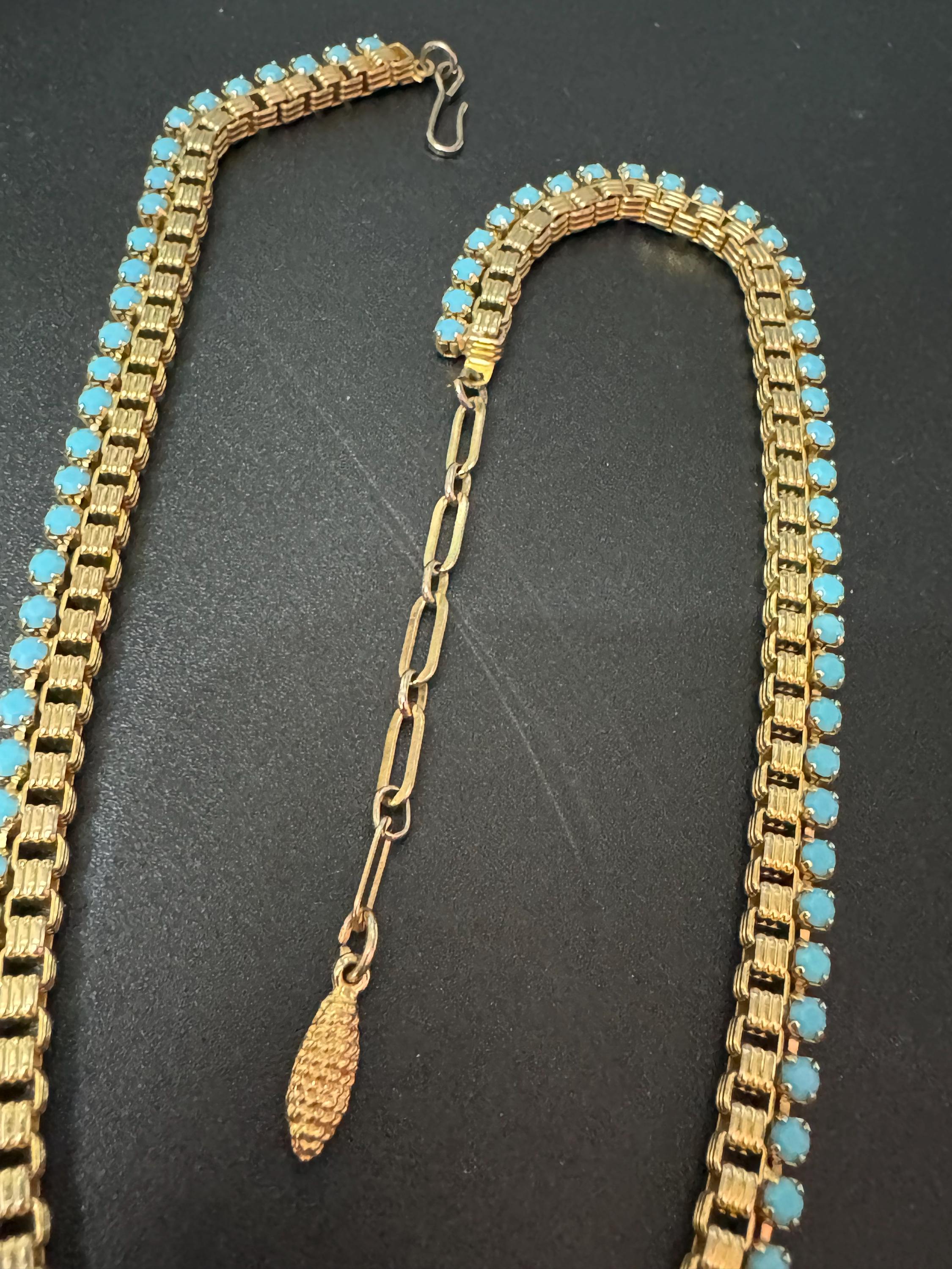 Wide mesh woven choker necklace with turquoise paste stones 1960s gold tone