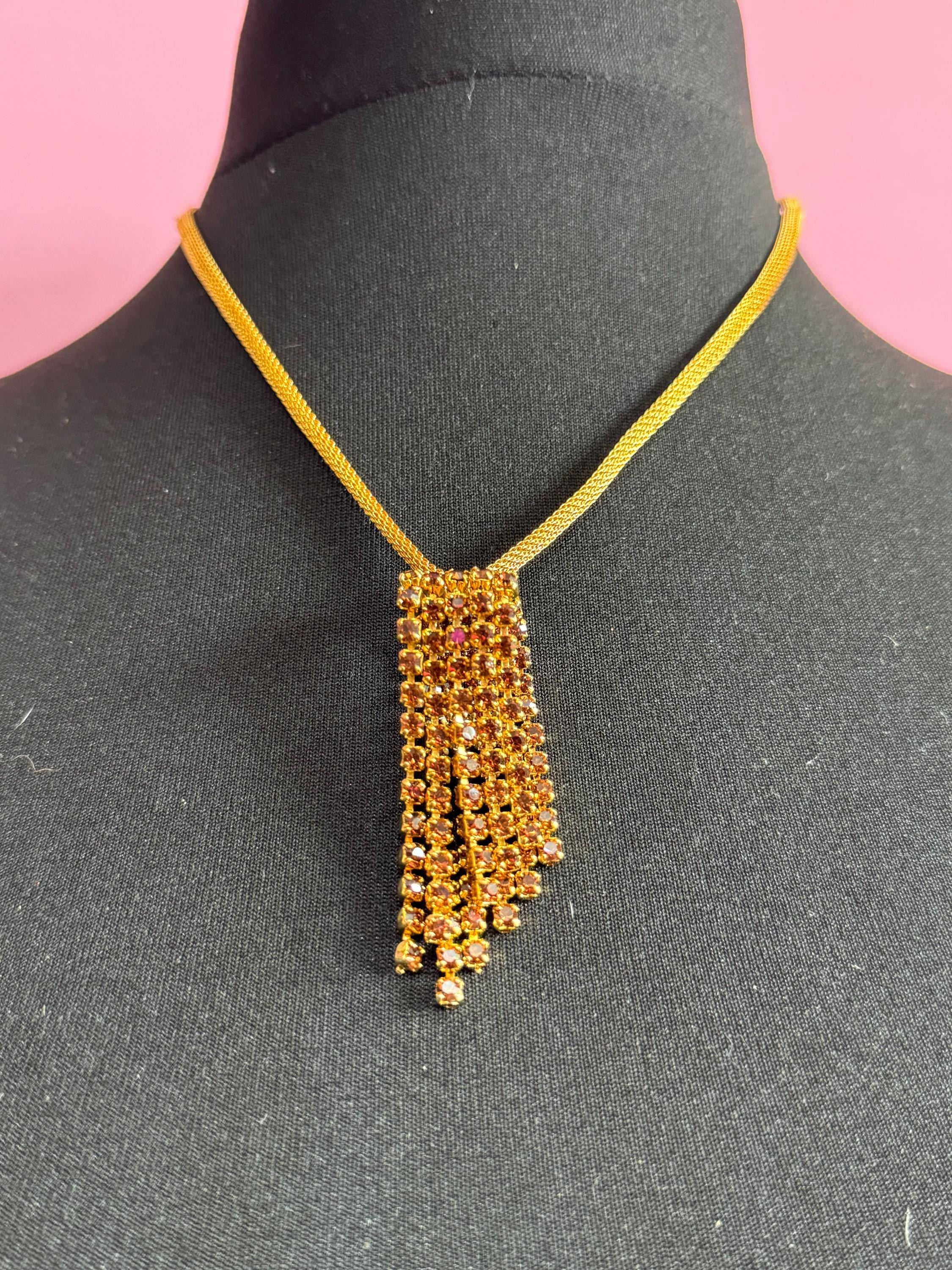 Vintage brown cognac glass diamanté rhinestone waterfall drop necklace gold tone