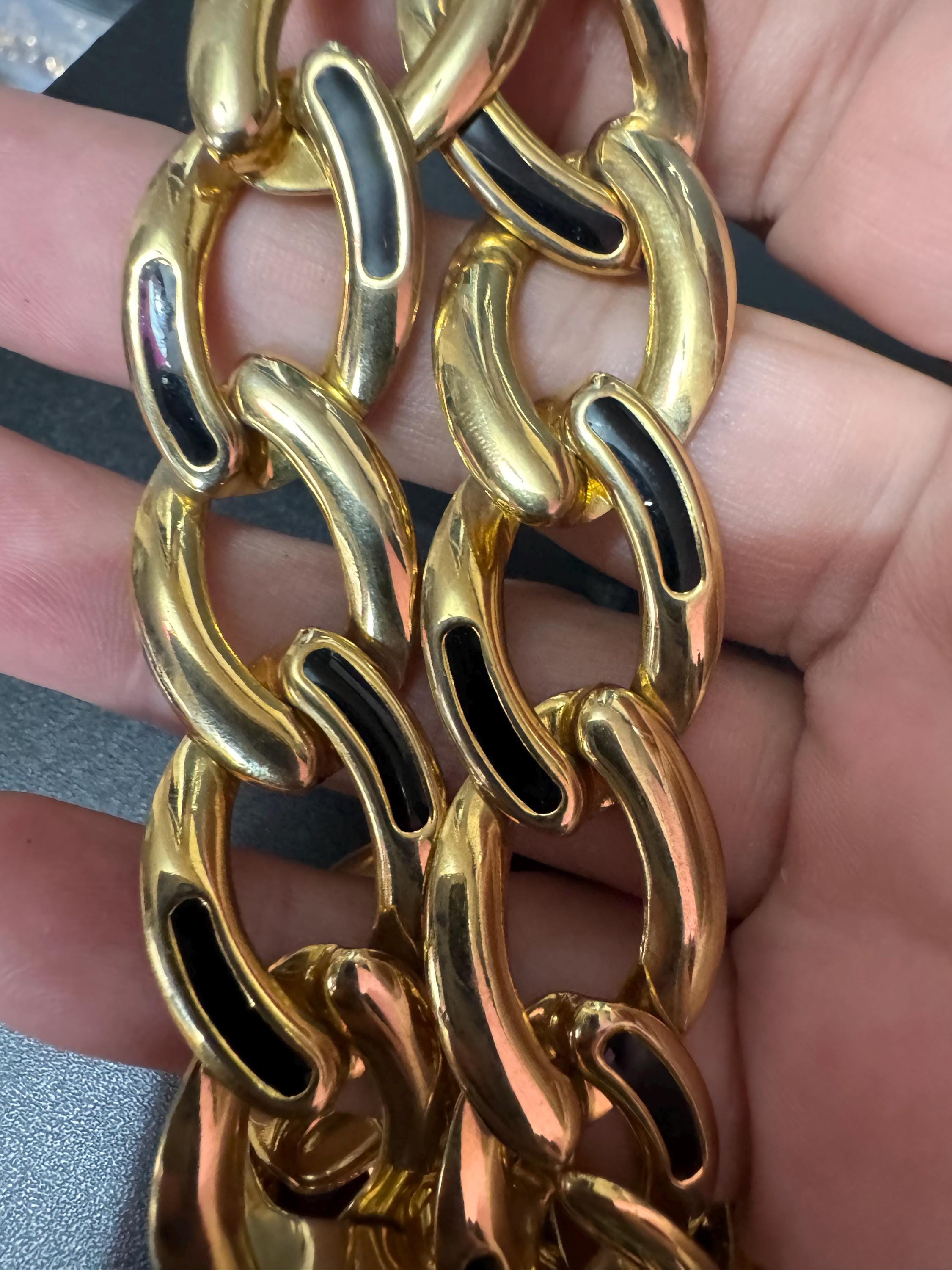 Vintage gold tone and black enamel flat curb chain lightweight collar choker necklace 46.5cm