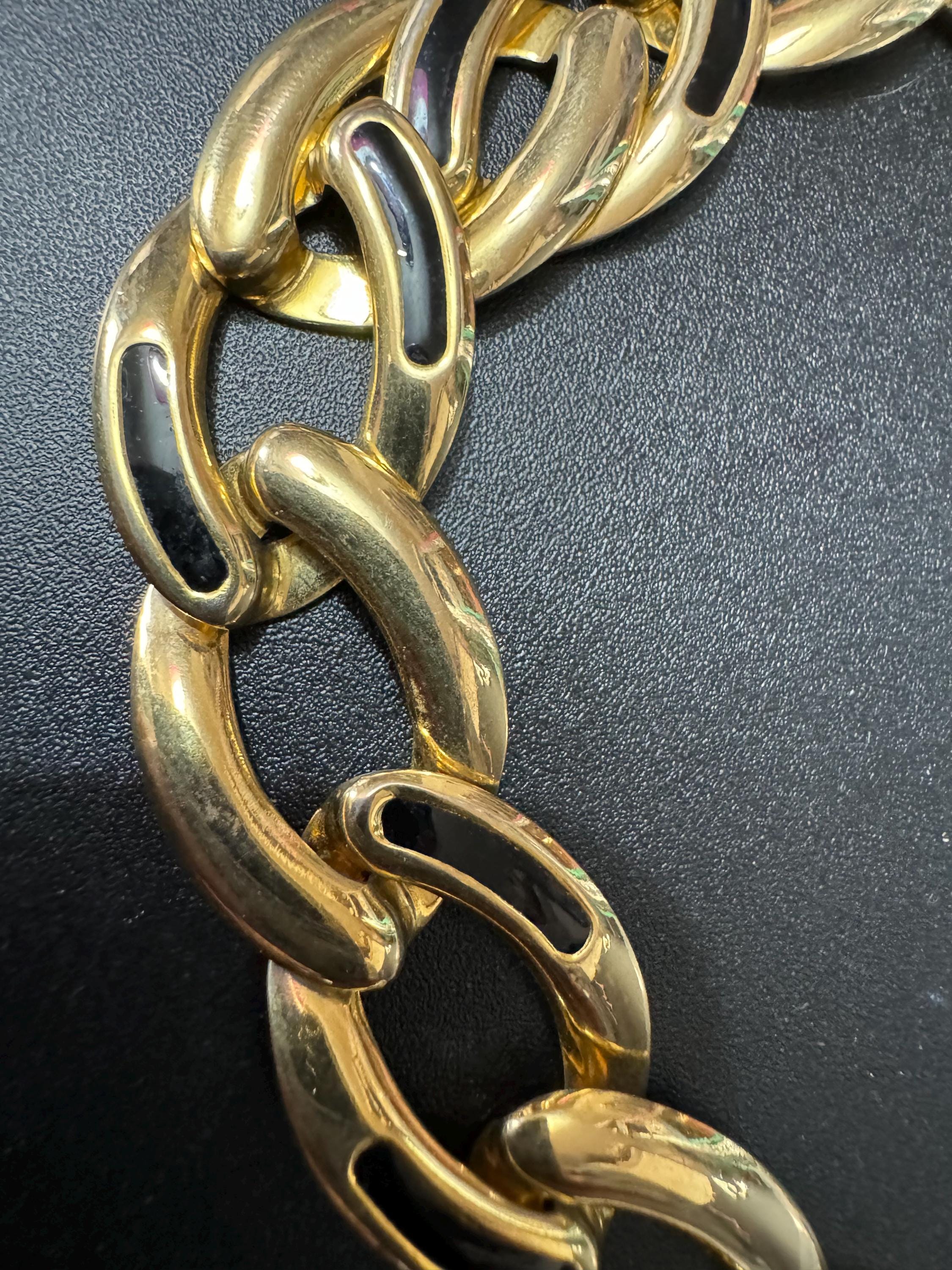 Vintage gold tone and black enamel flat curb chain lightweight collar choker necklace 46.5cm