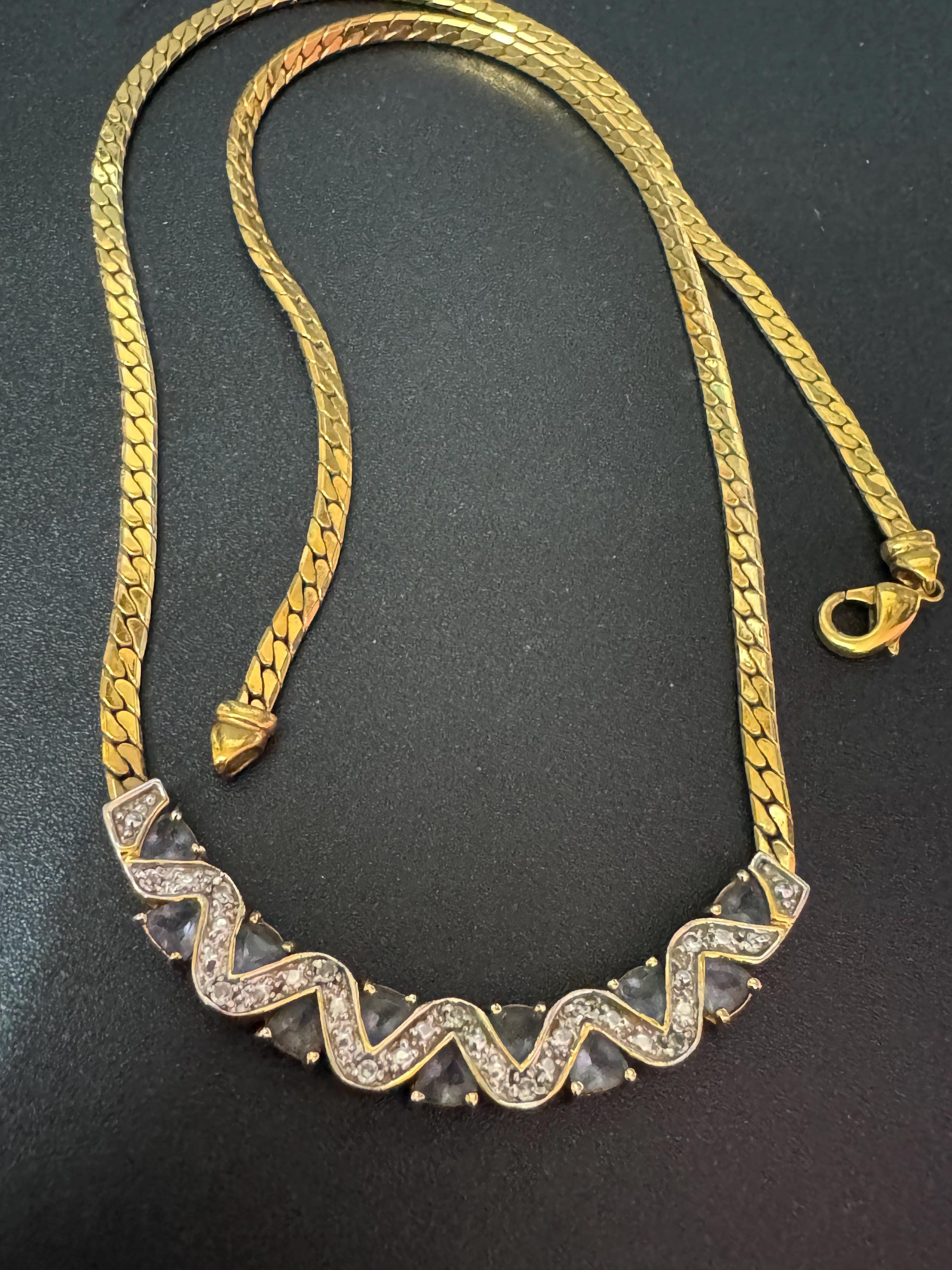 Vintage gold tone flat chain necklace with soft aquamarine blue and clear glass paste diamanté