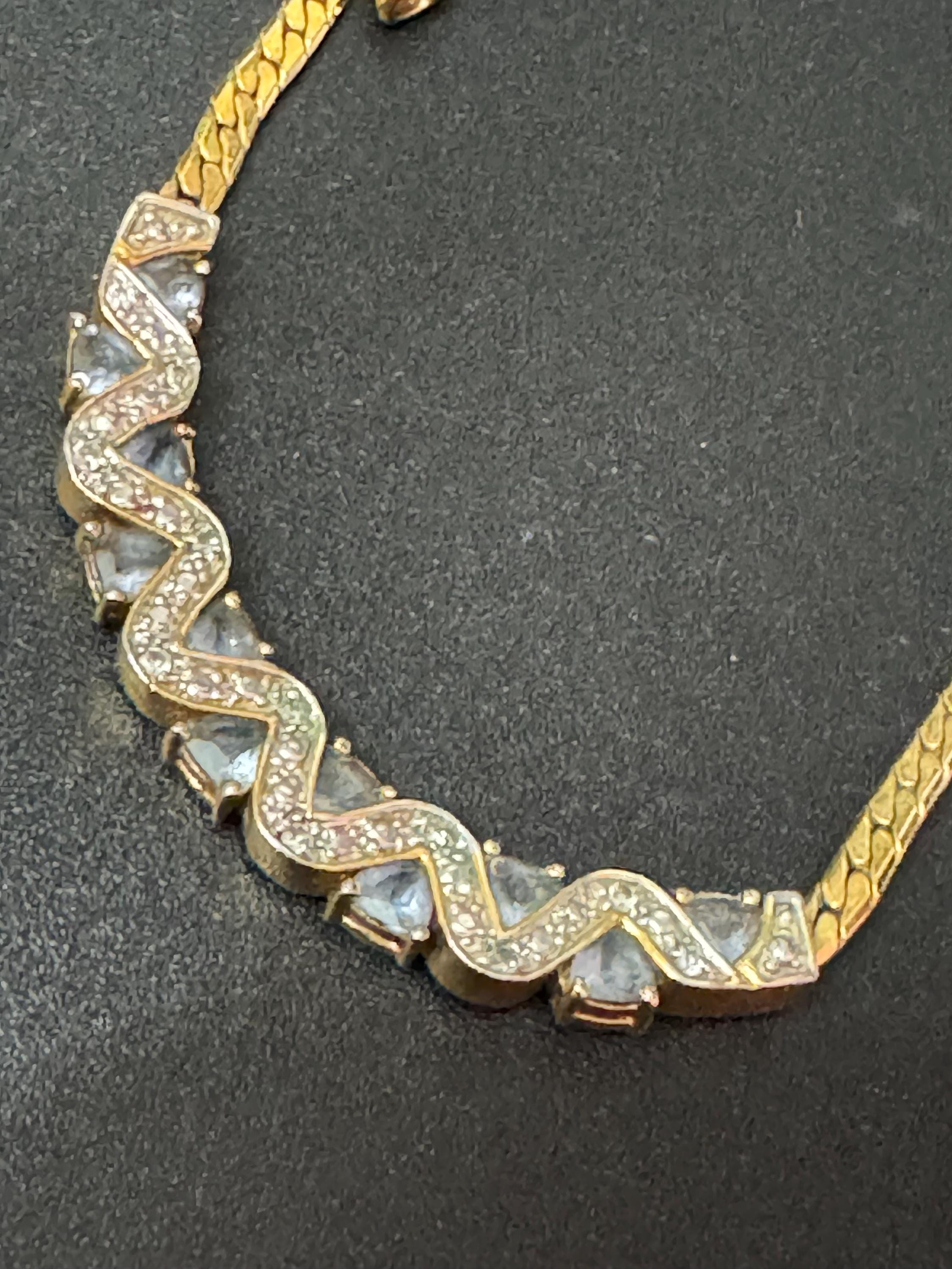 Vintage gold tone flat chain necklace with soft aquamarine blue and clear glass paste diamanté