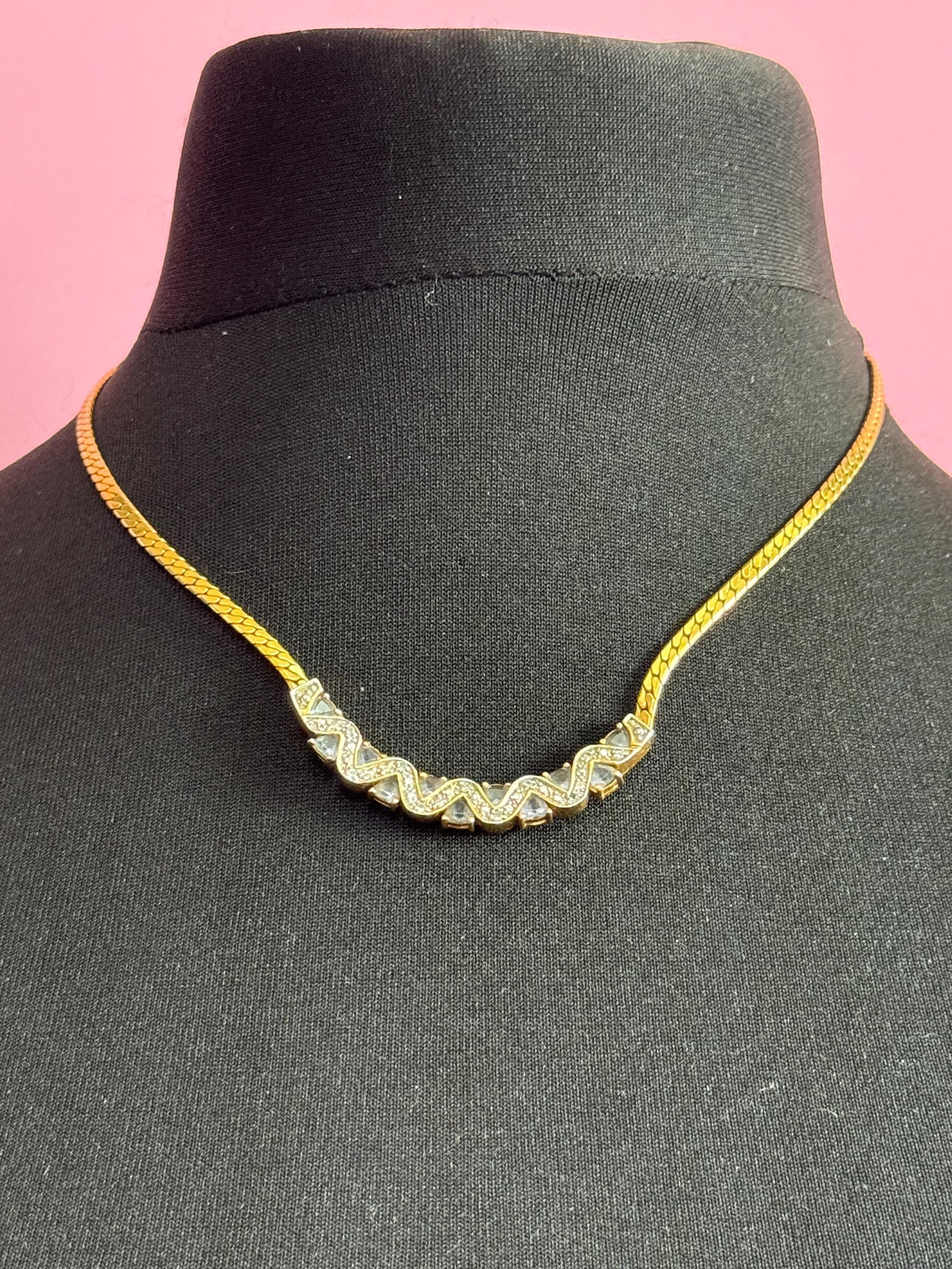 Vintage gold tone flat chain necklace with soft aquamarine blue and clear glass paste diamanté