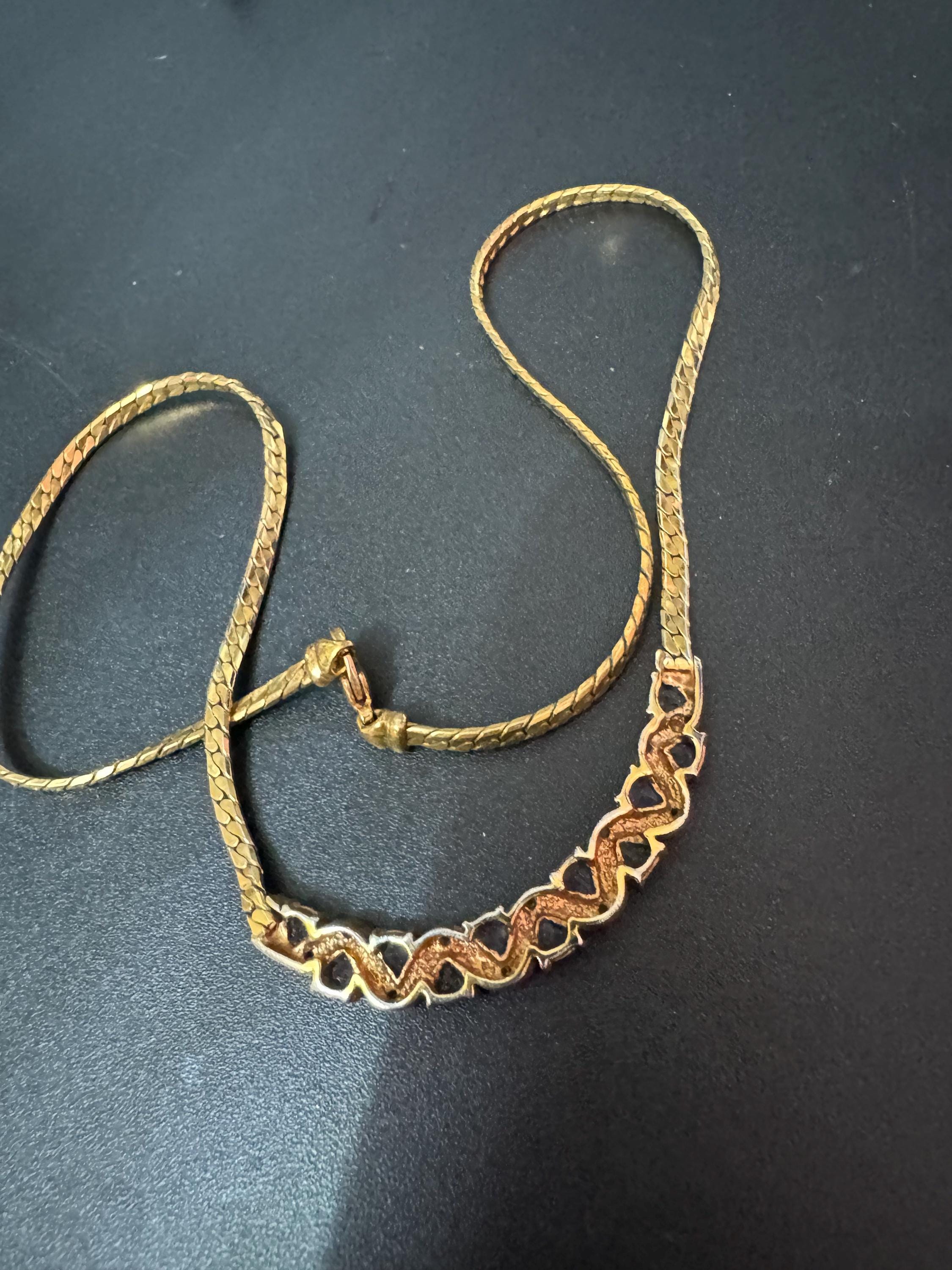 Vintage gold tone flat chain necklace with soft aquamarine blue and clear glass paste diamanté