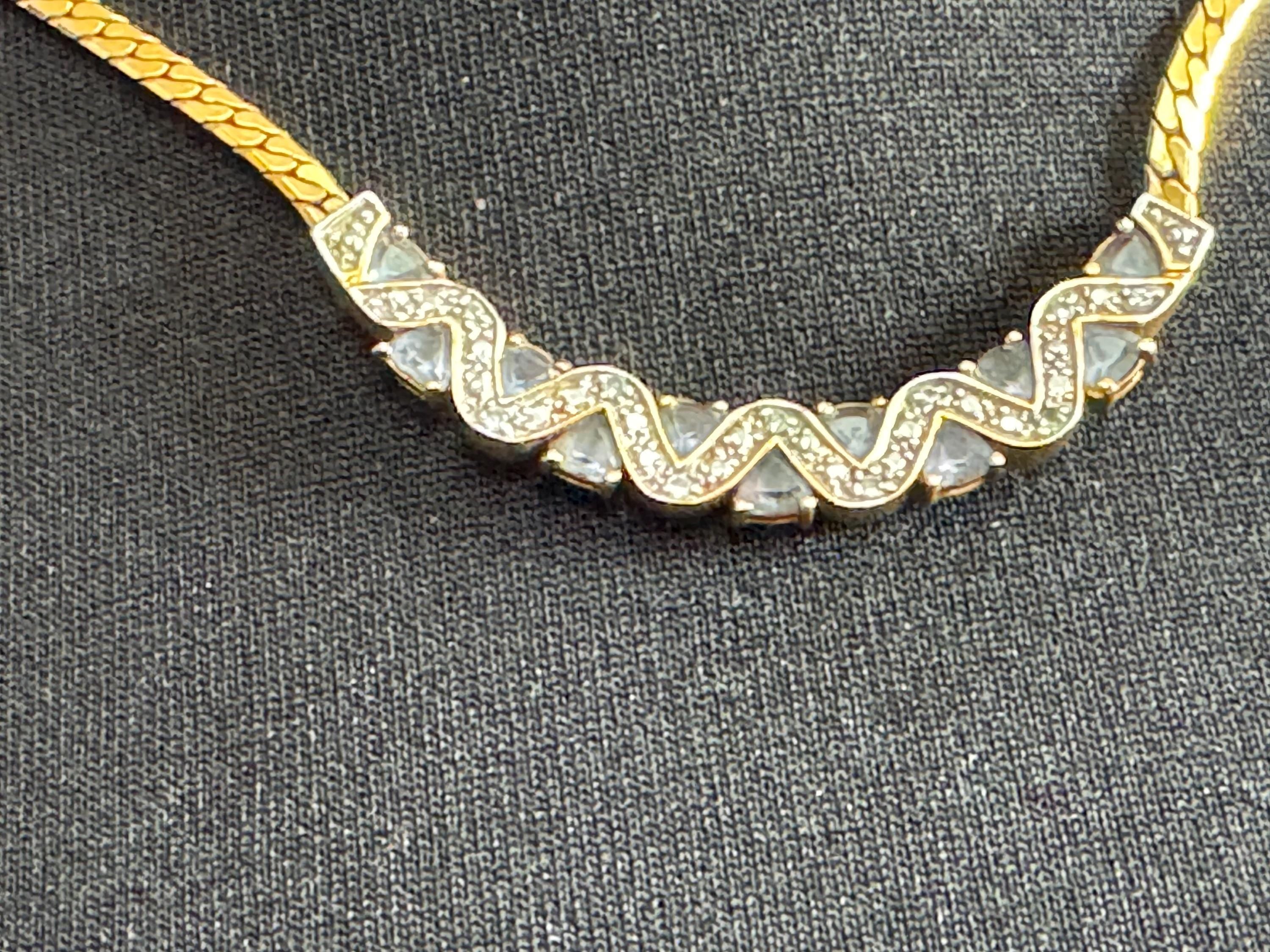 Vintage gold tone flat chain necklace with soft aquamarine blue and clear glass paste diamanté
