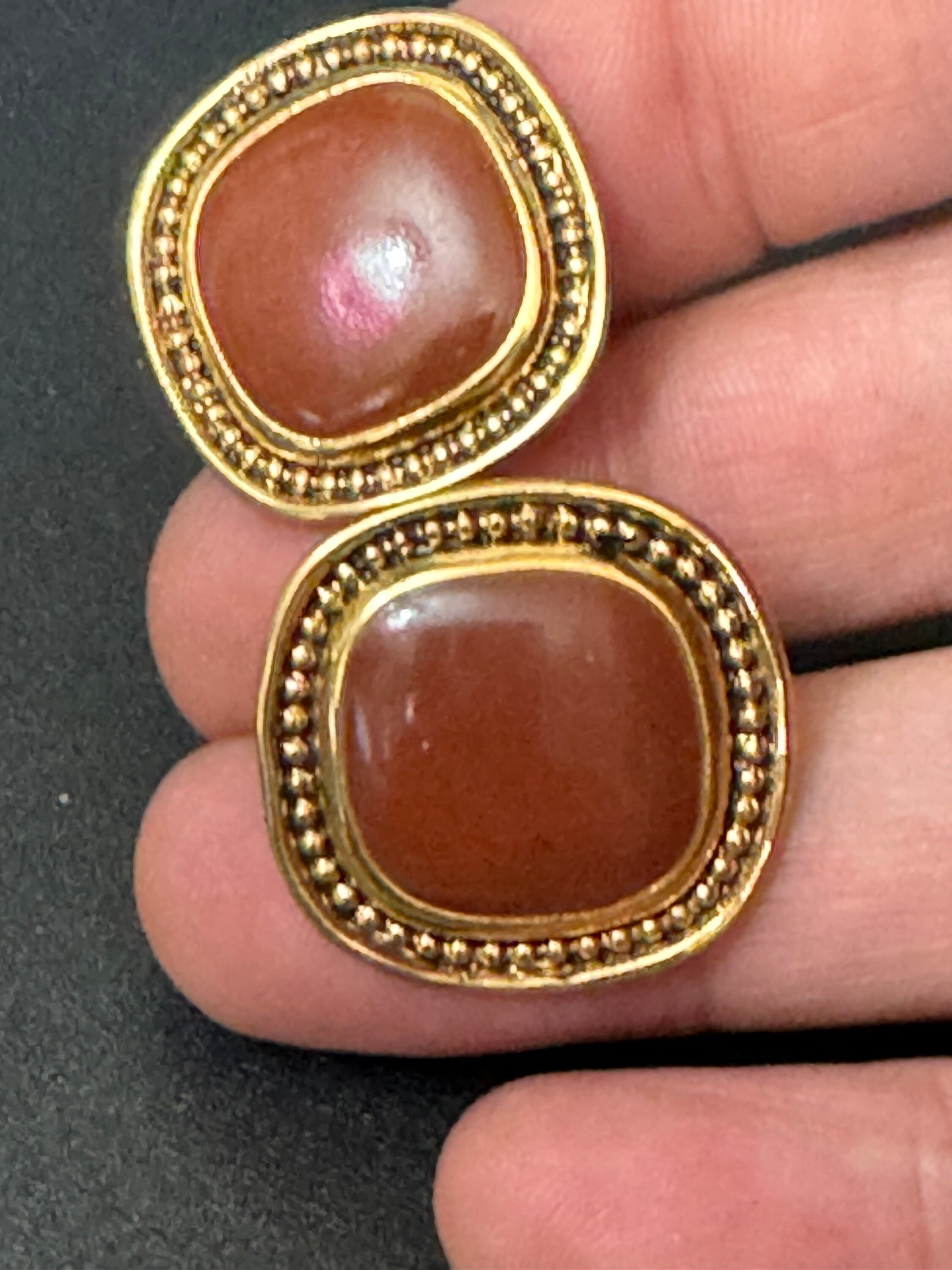 Retro Gold tone square brown enamel stud earrings pierced ears