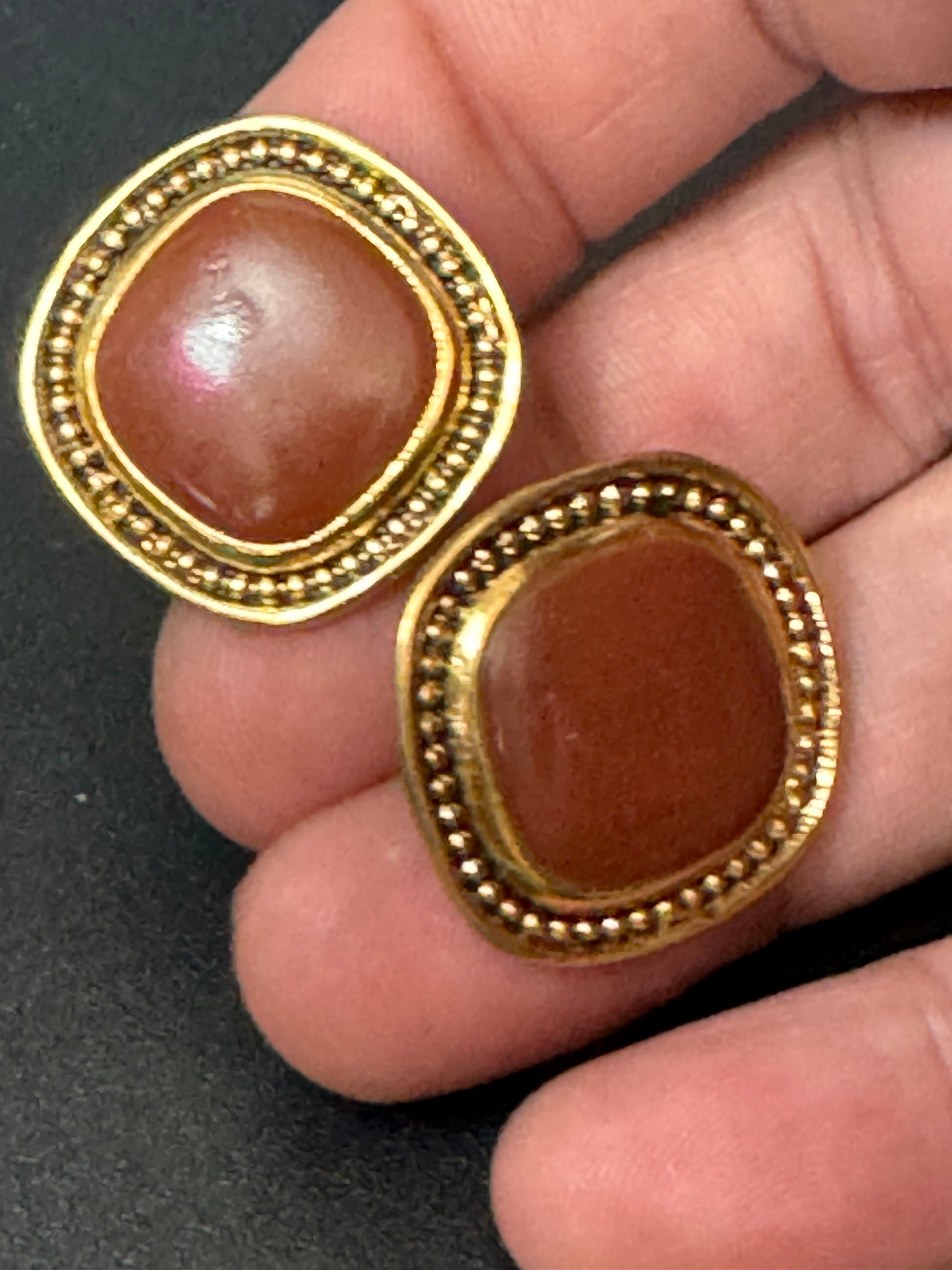 Retro Gold tone square brown enamel stud earrings pierced ears