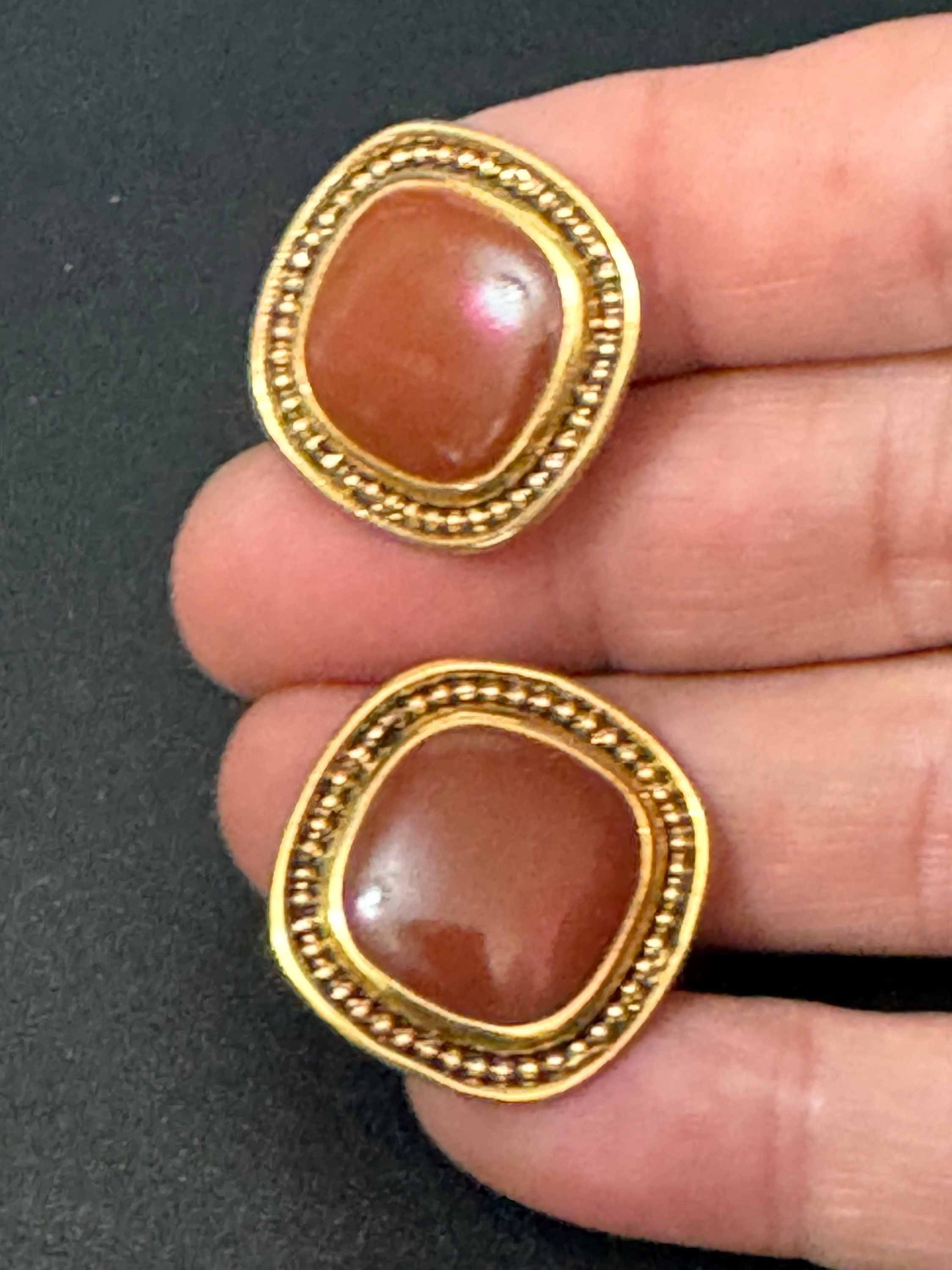 Retro Gold tone square brown enamel stud earrings pierced ears