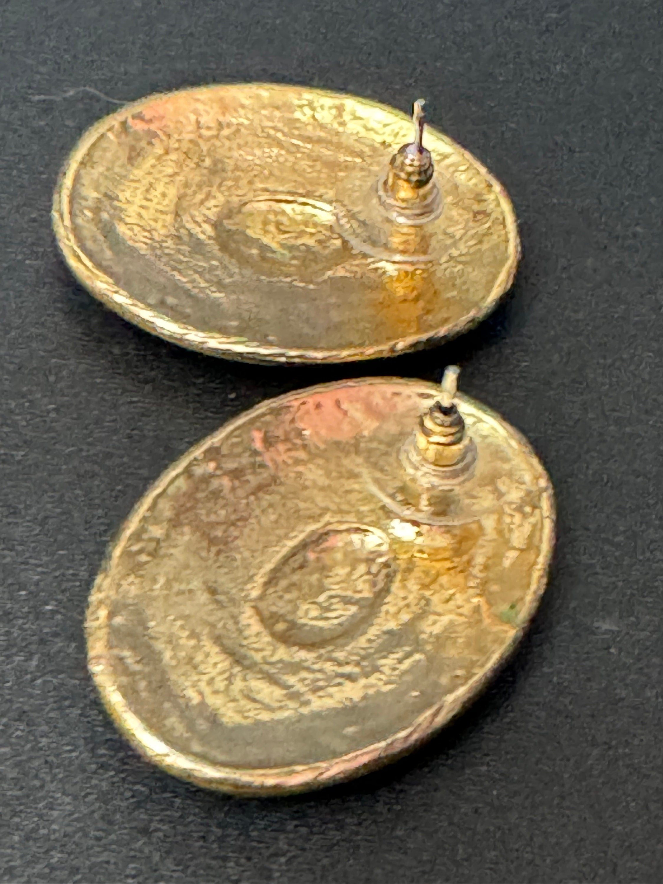 Blue enamel pair oval stud earrings Vintage Gold tone oversized