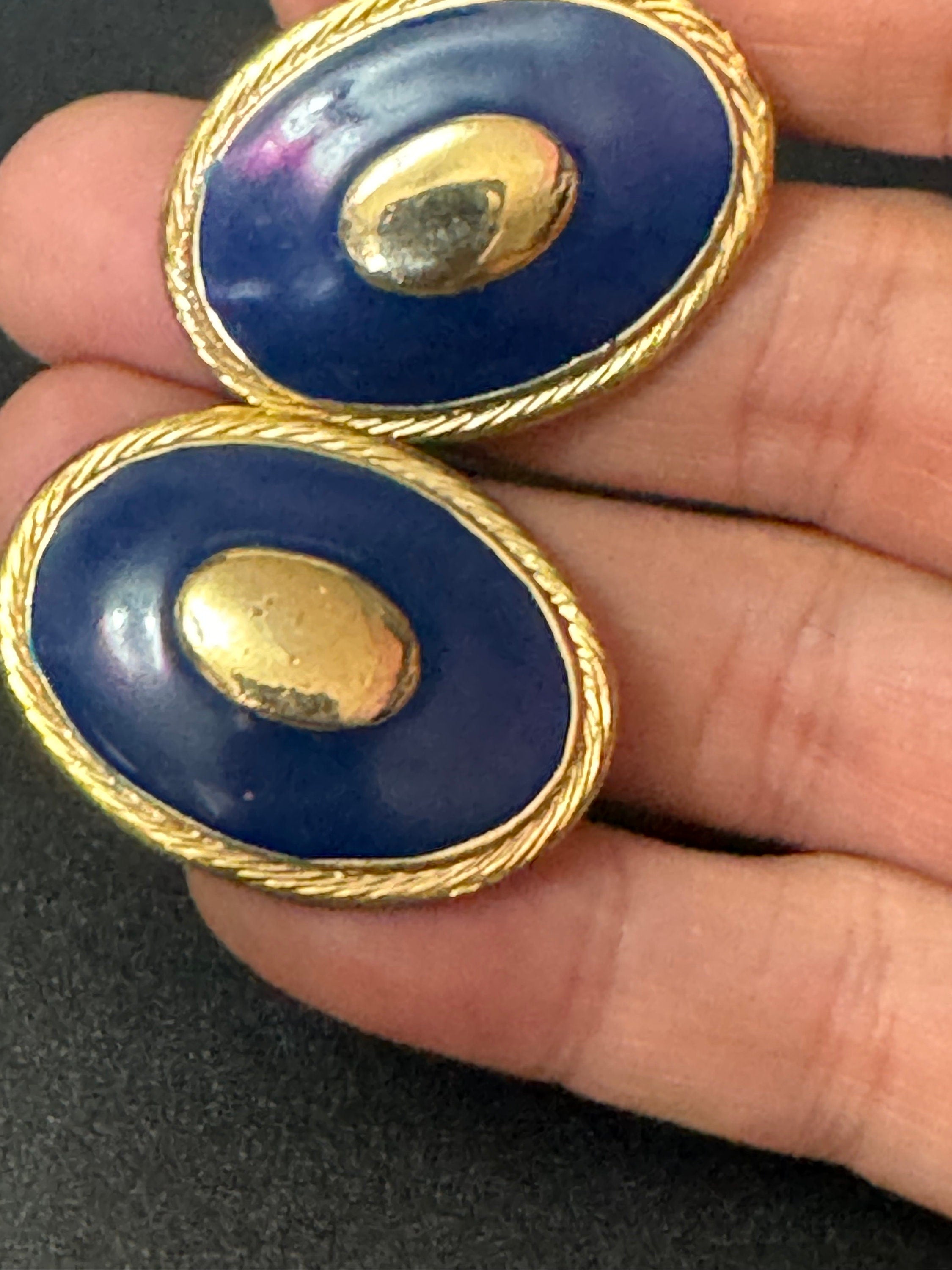 Blue enamel pair oval stud earrings Vintage Gold tone oversized