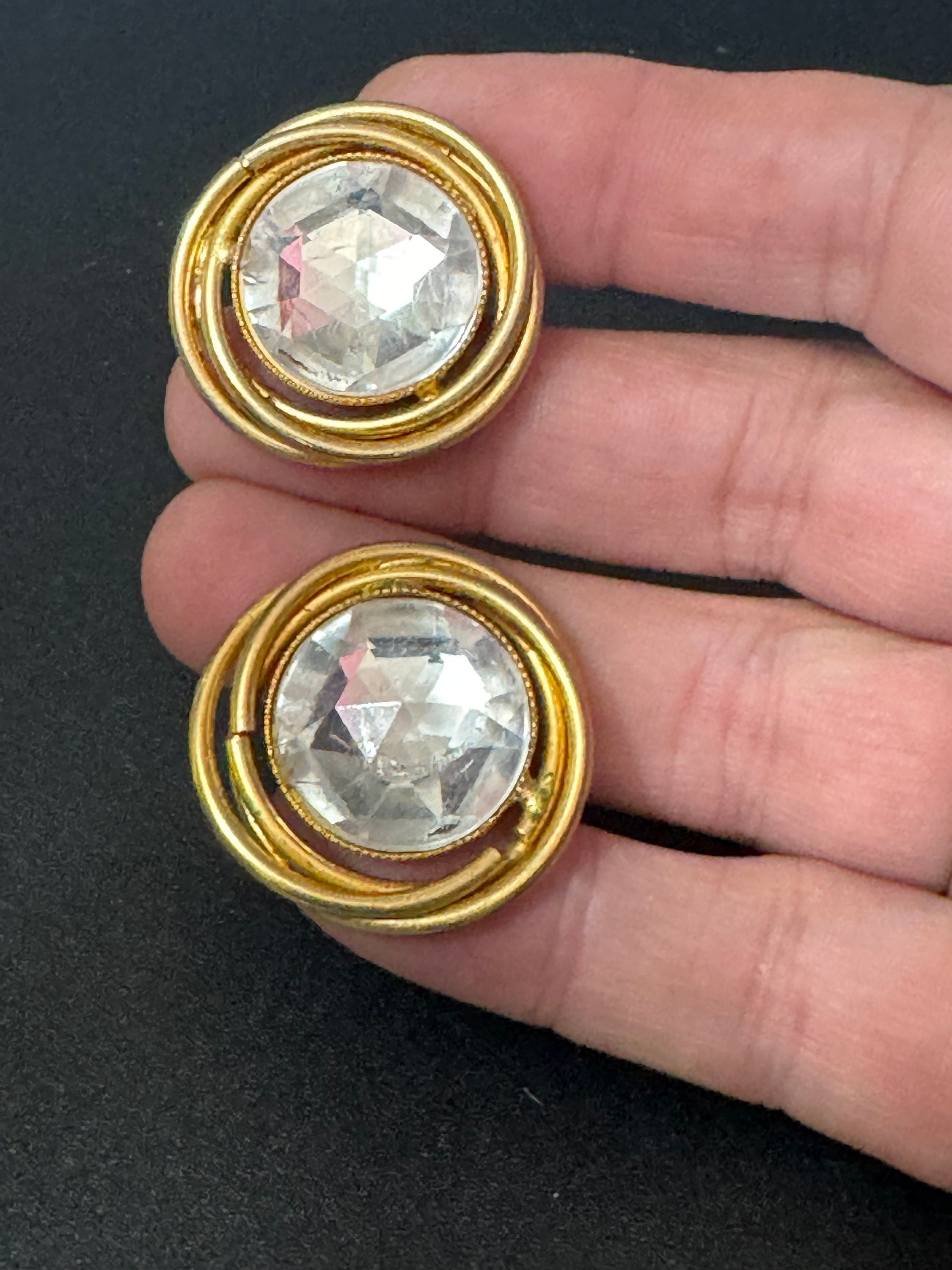 Vintage Gold tone clear Diamanté Paste pair round stud earrings pierced 2.5cm