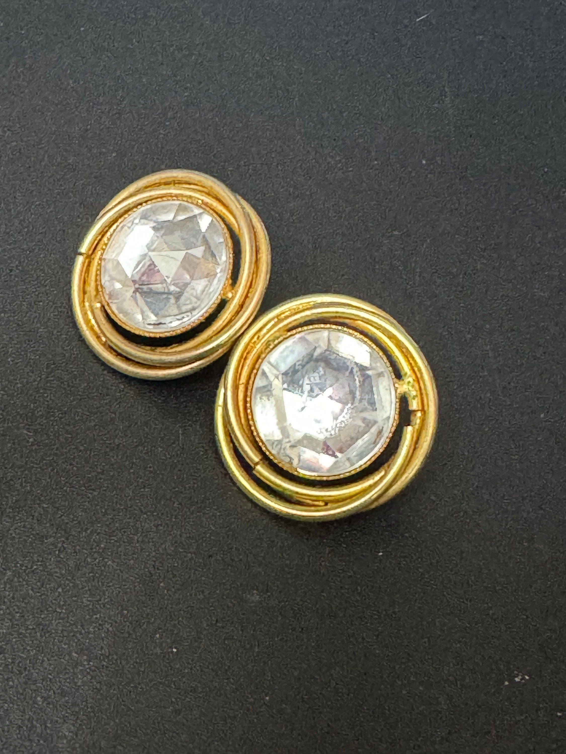 Vintage Gold tone clear Diamanté Paste pair round stud earrings pierced 2.5cm