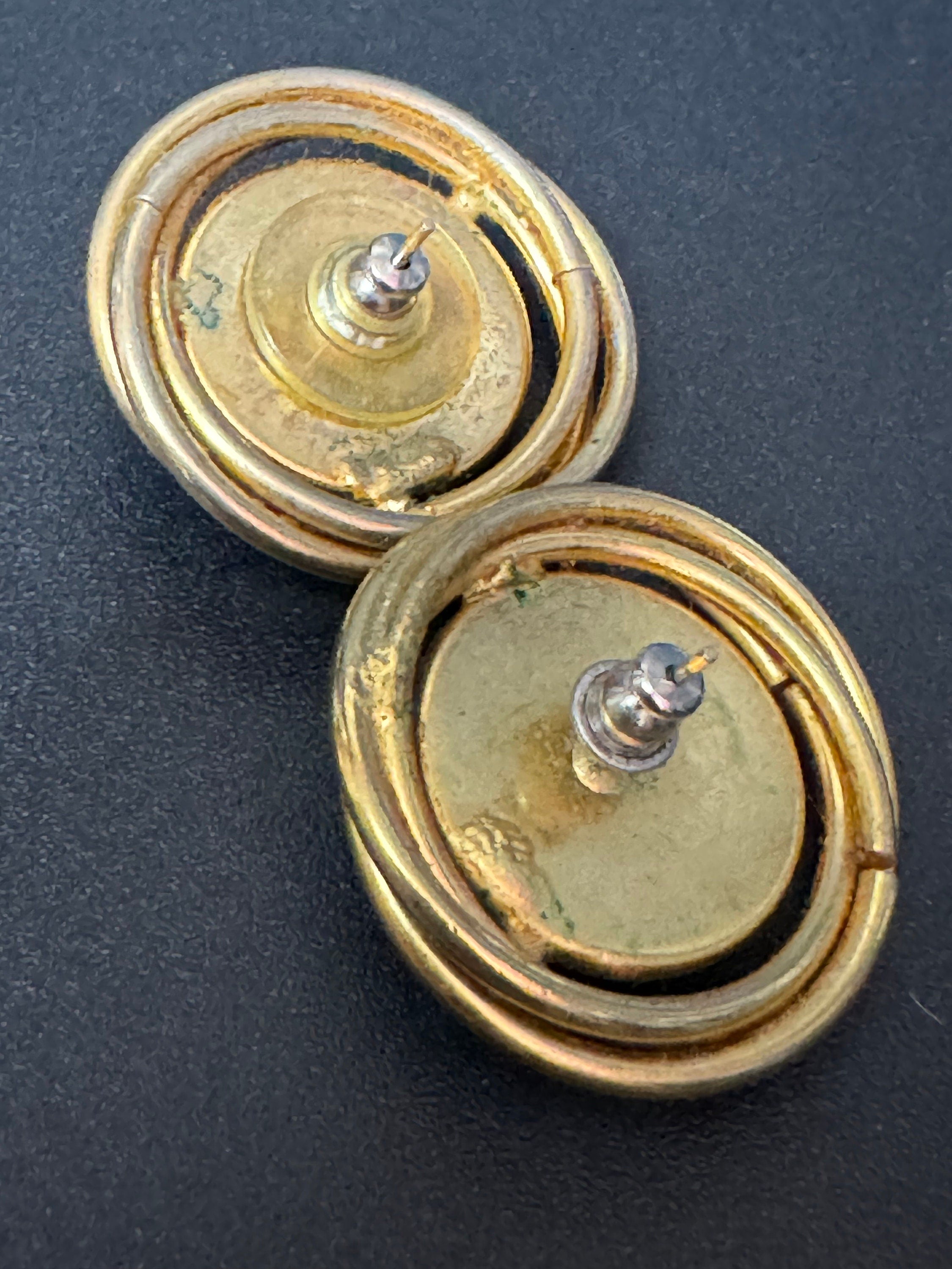Vintage Gold tone clear Diamanté Paste pair round stud earrings pierced 2.5cm