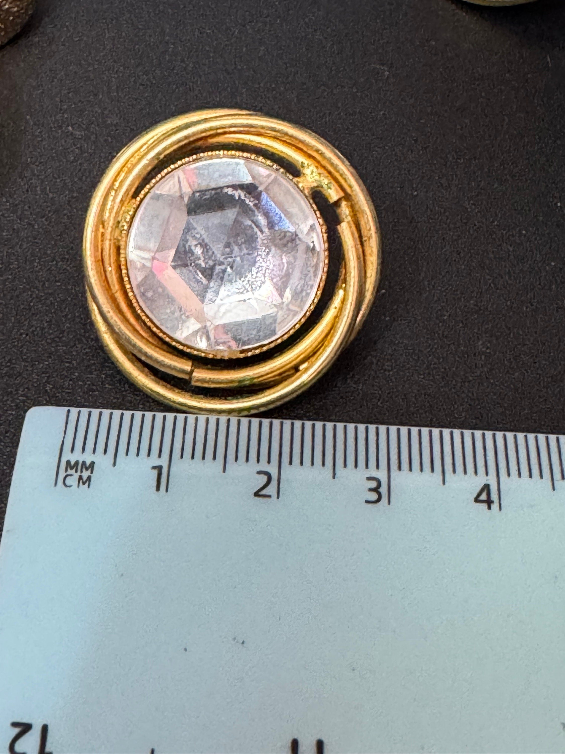Vintage Gold tone clear Diamanté Paste pair round stud earrings pierced 2.5cm