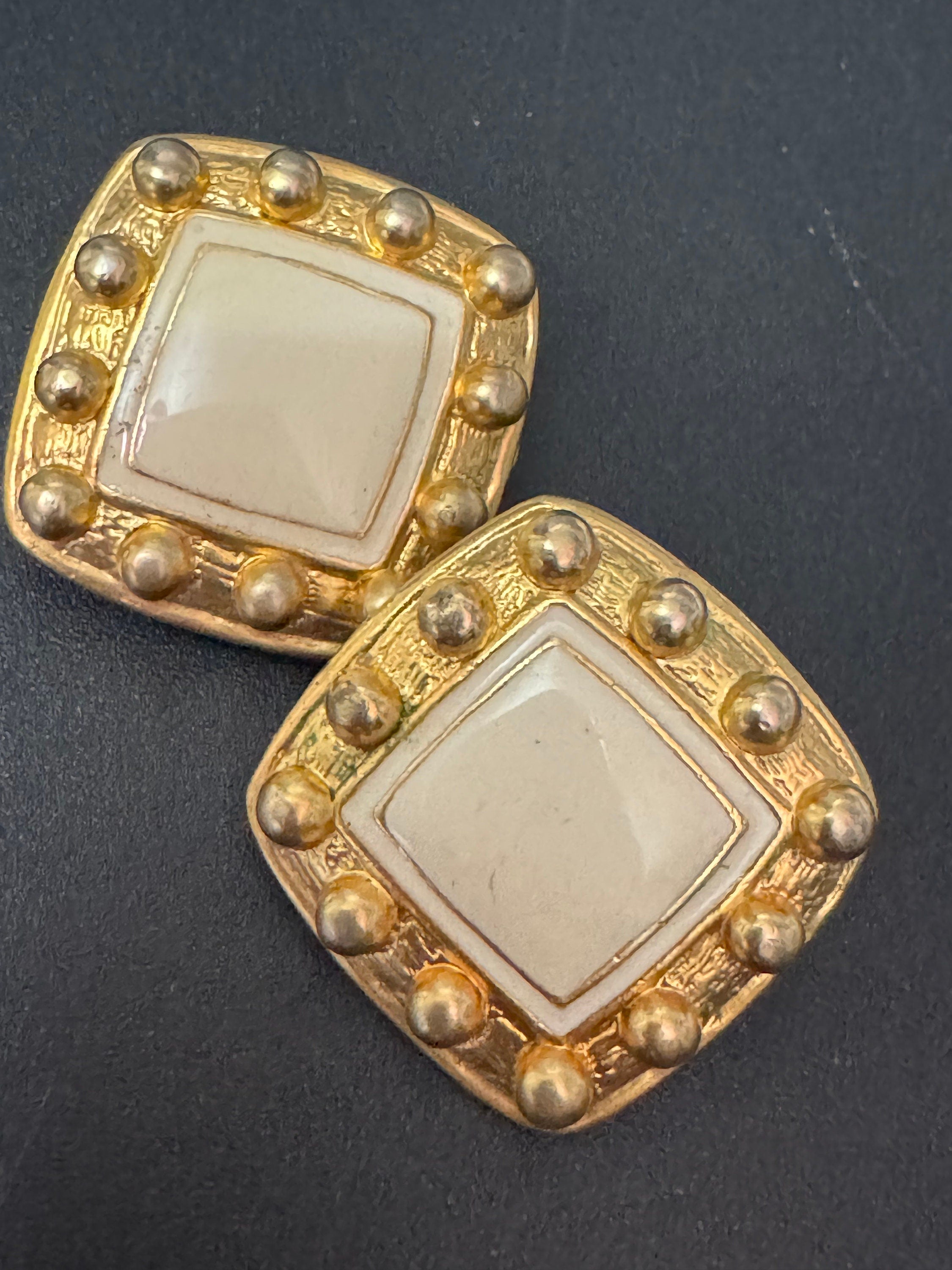 Vintage Etruscan squared Gold tone nude natural beige cream enamel clip on earrings  1980s 1990s