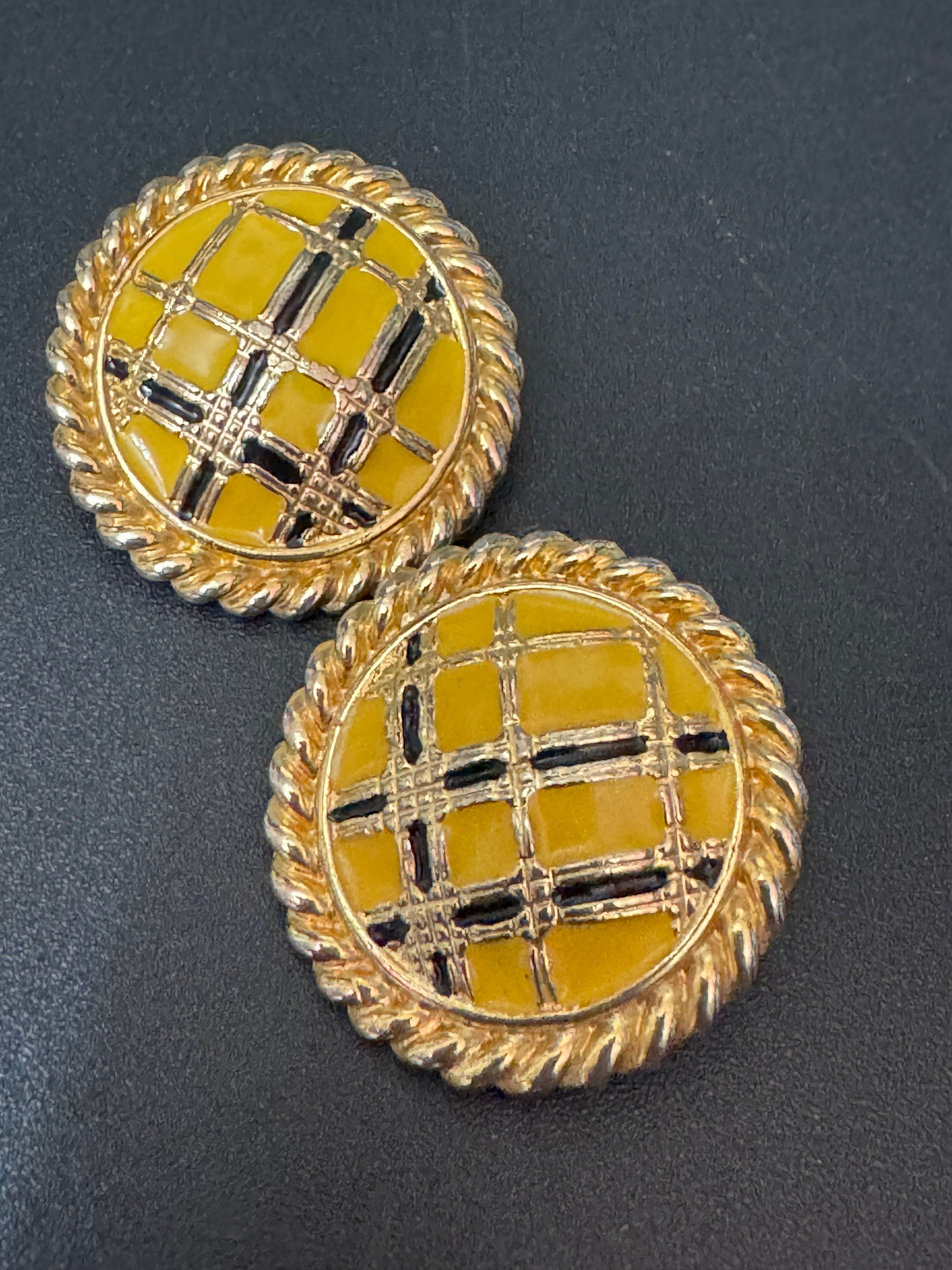 Vintage Gold tone dark yellow woven style enamel Clip on earrings 1980s 1990s