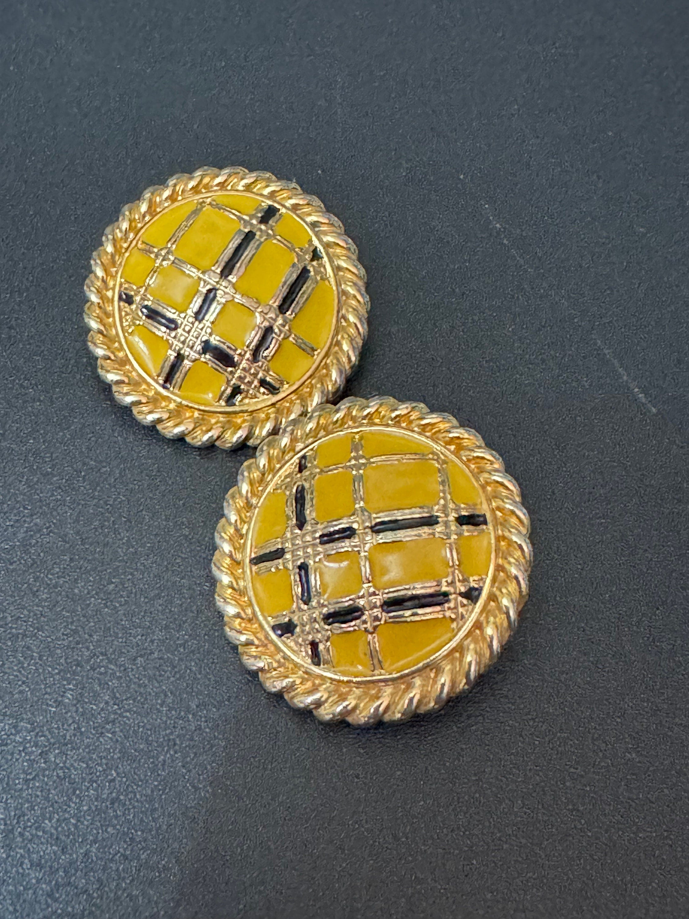 Vintage Gold tone dark yellow woven style enamel Clip on earrings 1980s 1990s