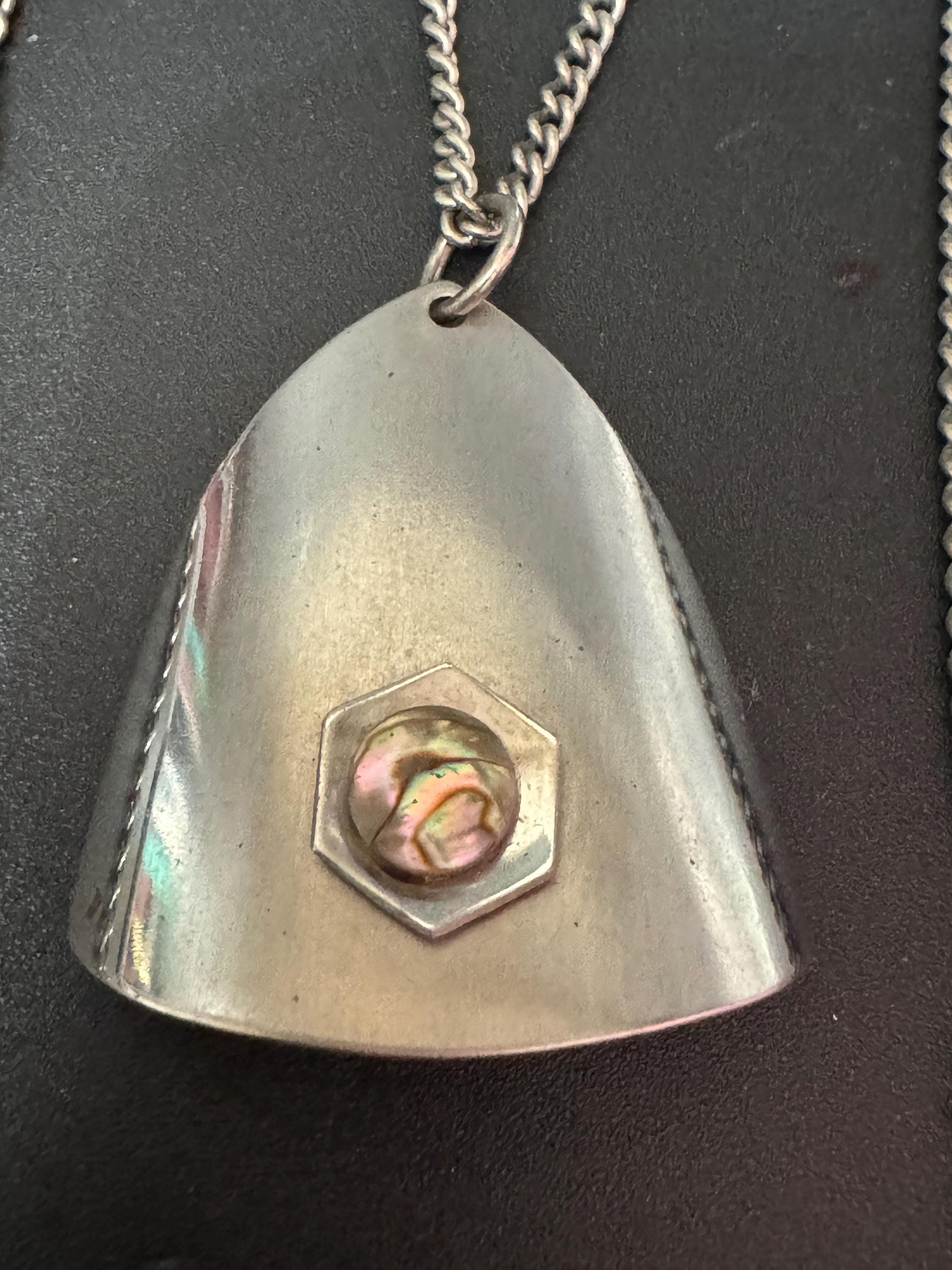 Vintage Modernist silver tone stainless Steel pendant necklace 64cm central MOP pearl abalone shell Mid Century 1960s 1970s
