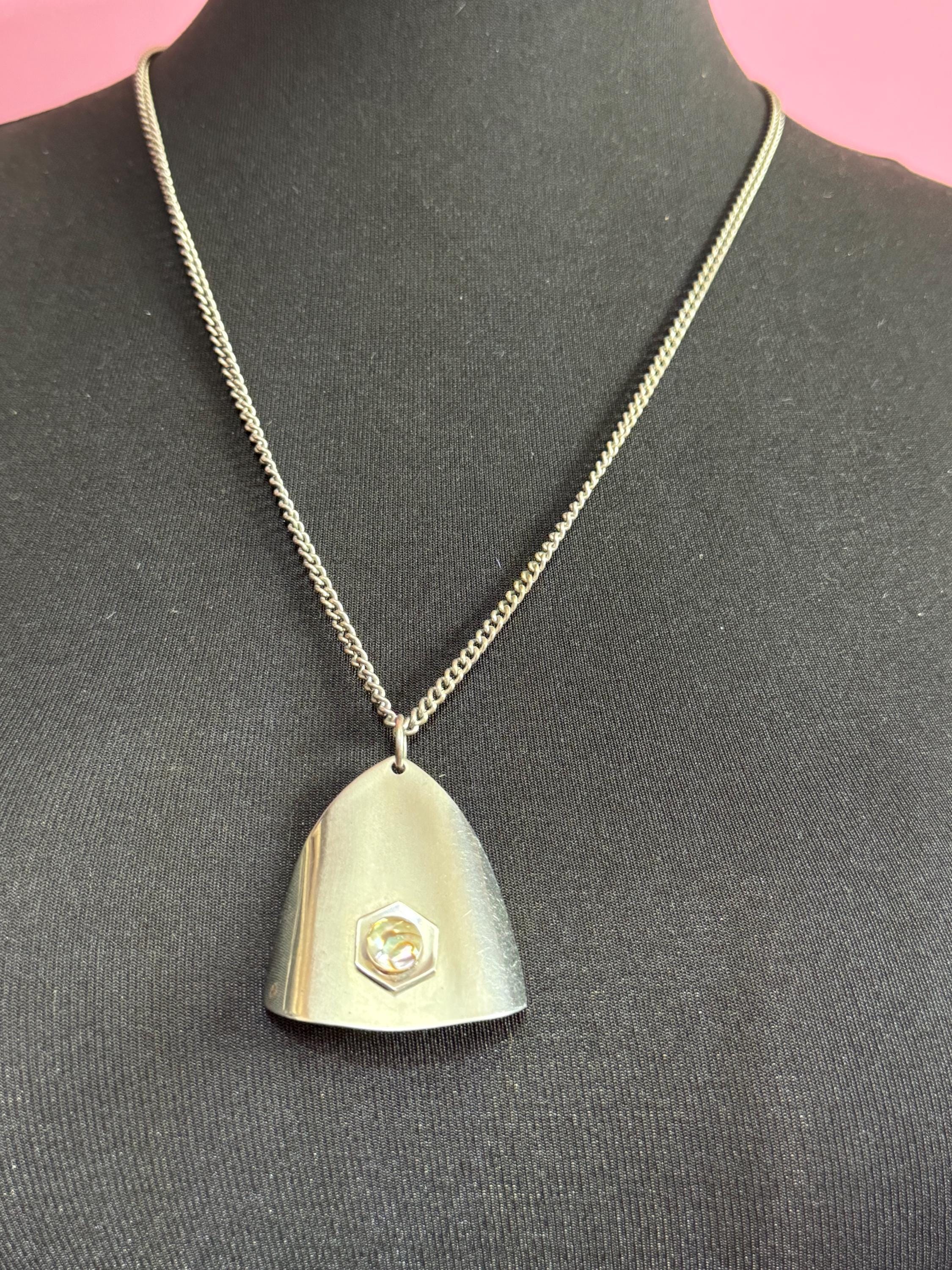 Vintage Modernist Stainless Steel Pendant Necklace: MOP Abalone Shell, 1960s Style