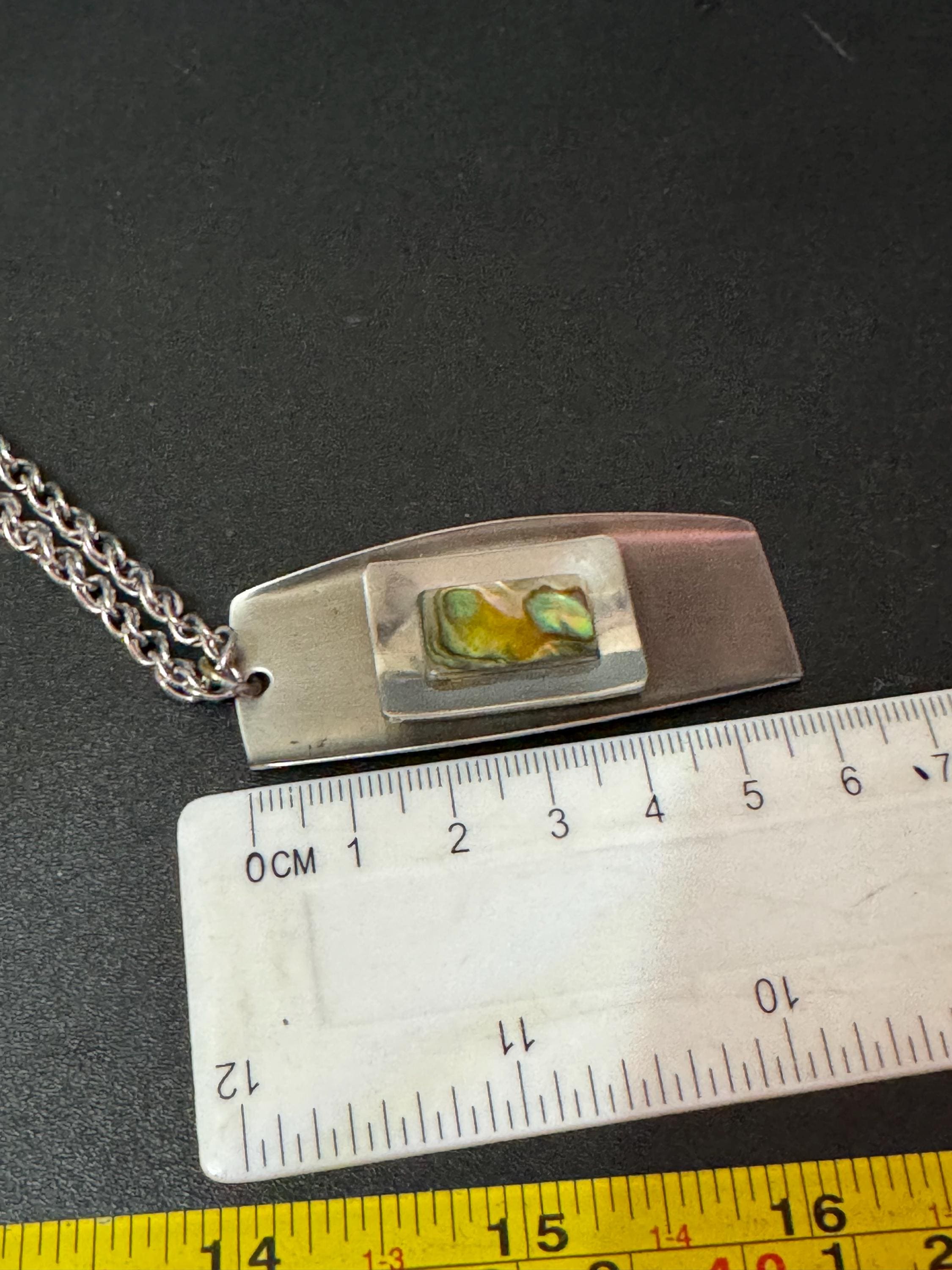 Vintage Modernist silver tone stainless Steel pendant necklace 60cm central MOP pearl abalone shell Mid Century 1960s 1970s