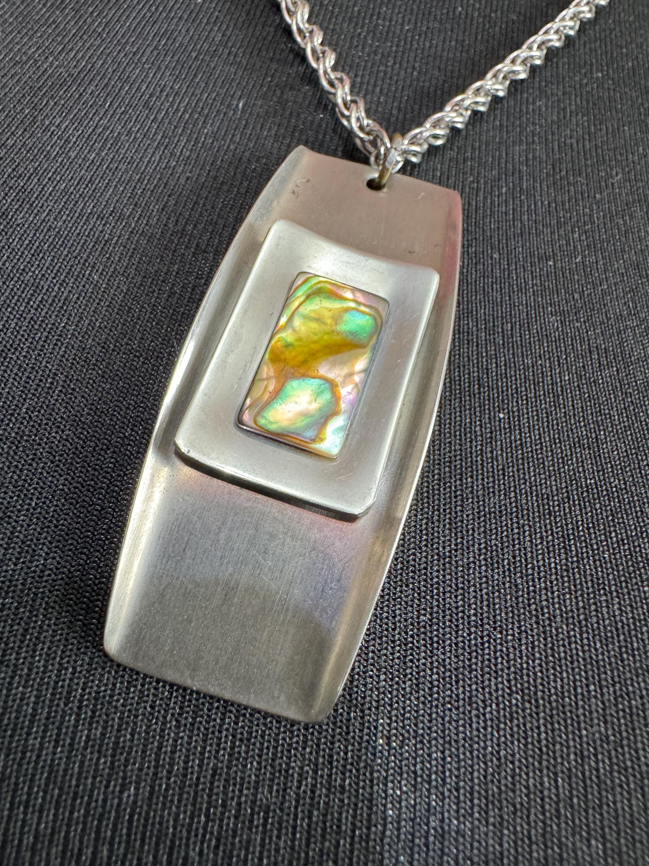 Vintage Modernist silver tone stainless Steel pendant necklace 60cm central MOP pearl abalone shell Mid Century 1960s 1970s