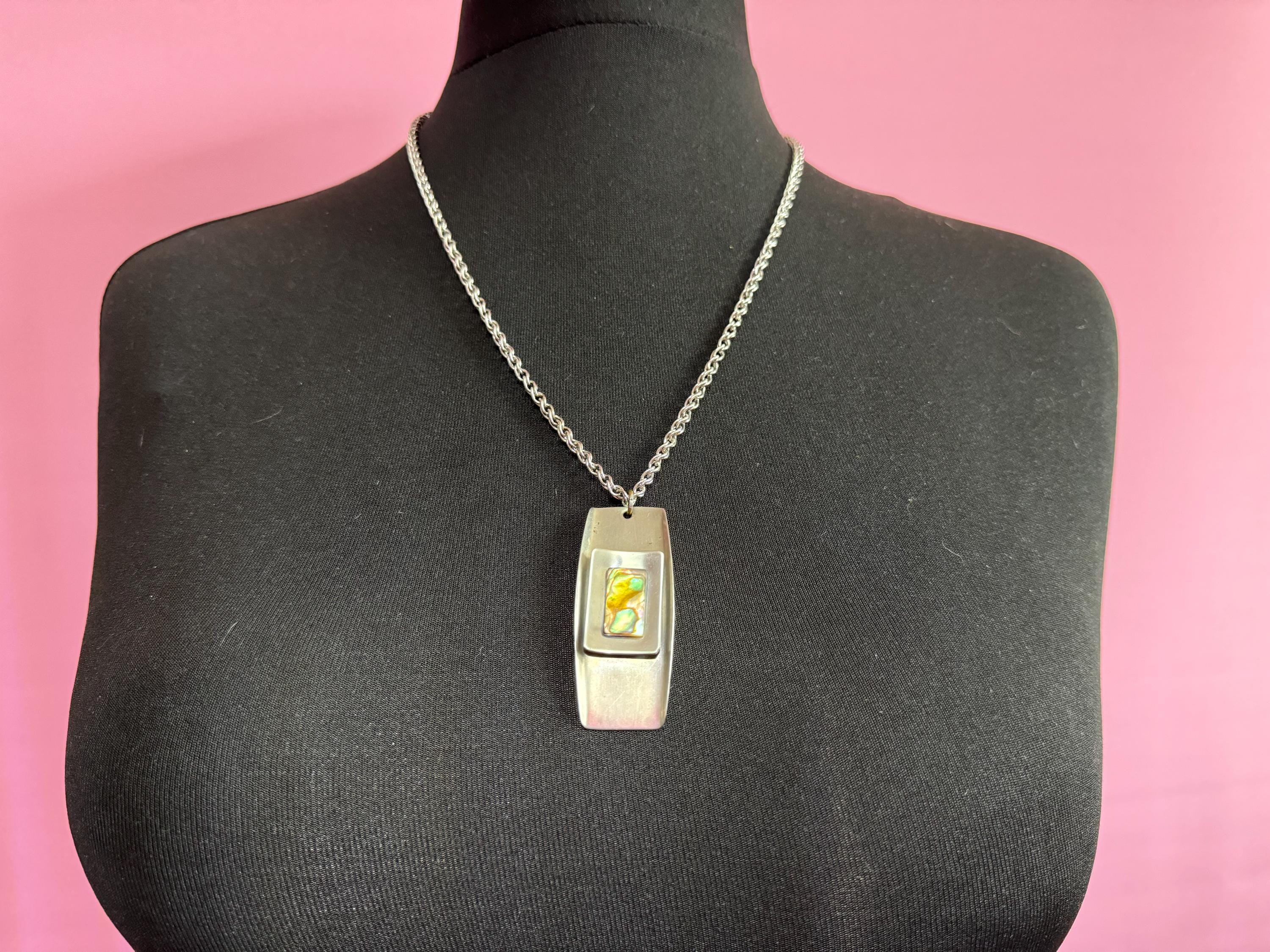 Vintage Modernist silver tone stainless Steel pendant necklace 60cm central MOP pearl abalone shell Mid Century 1960s 1970s
