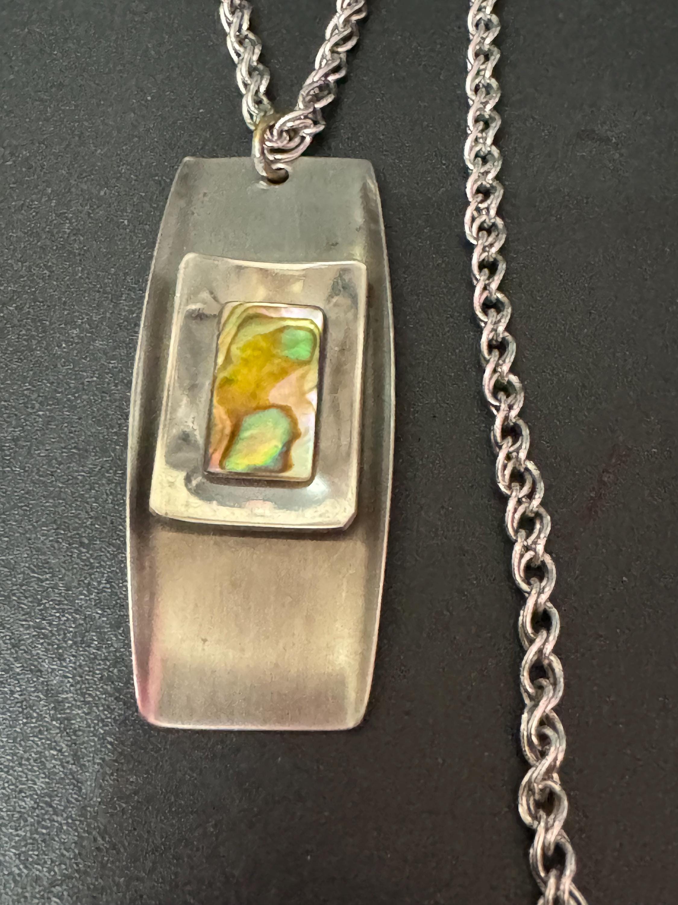 Vintage Modernist silver tone stainless Steel pendant necklace 60cm central MOP pearl abalone shell Mid Century 1960s 1970s