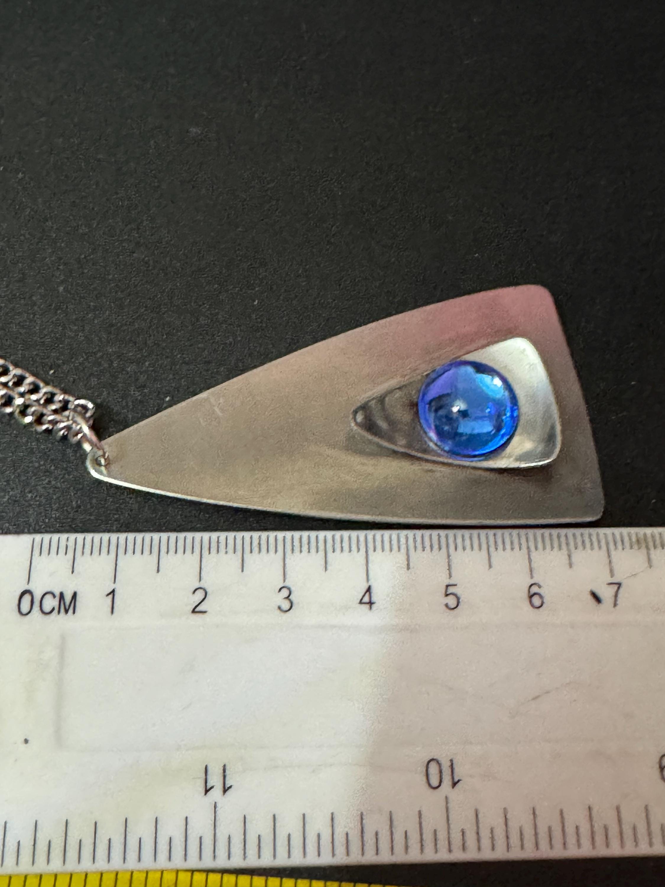 Vintage Modernist Stainless Steel Pendant Necklace: Blue Glass Cabochon, 1960s-70s