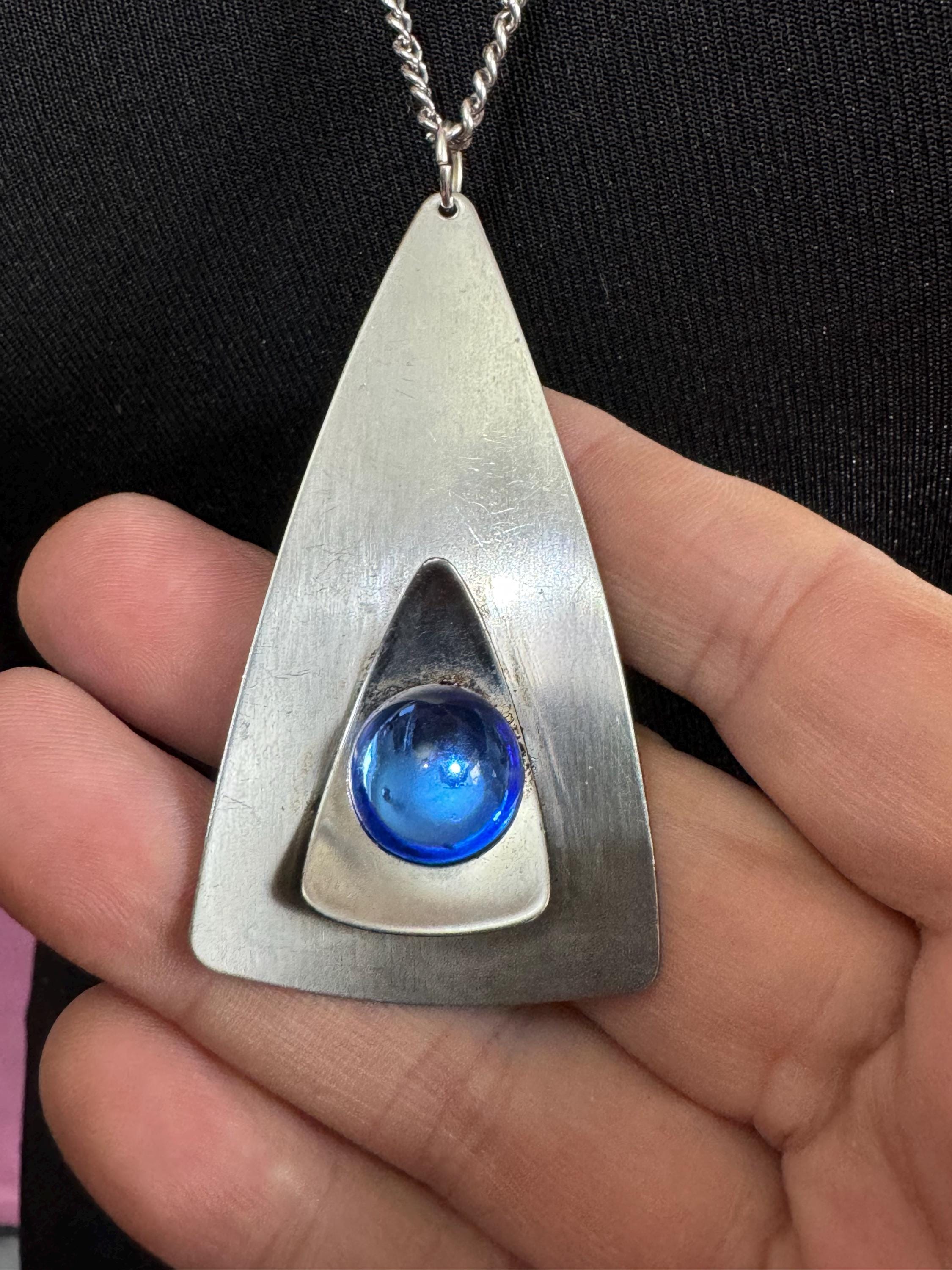 Vintage Modernist Stainless Steel Pendant Necklace: Blue Glass Cabochon, 1960s-70s