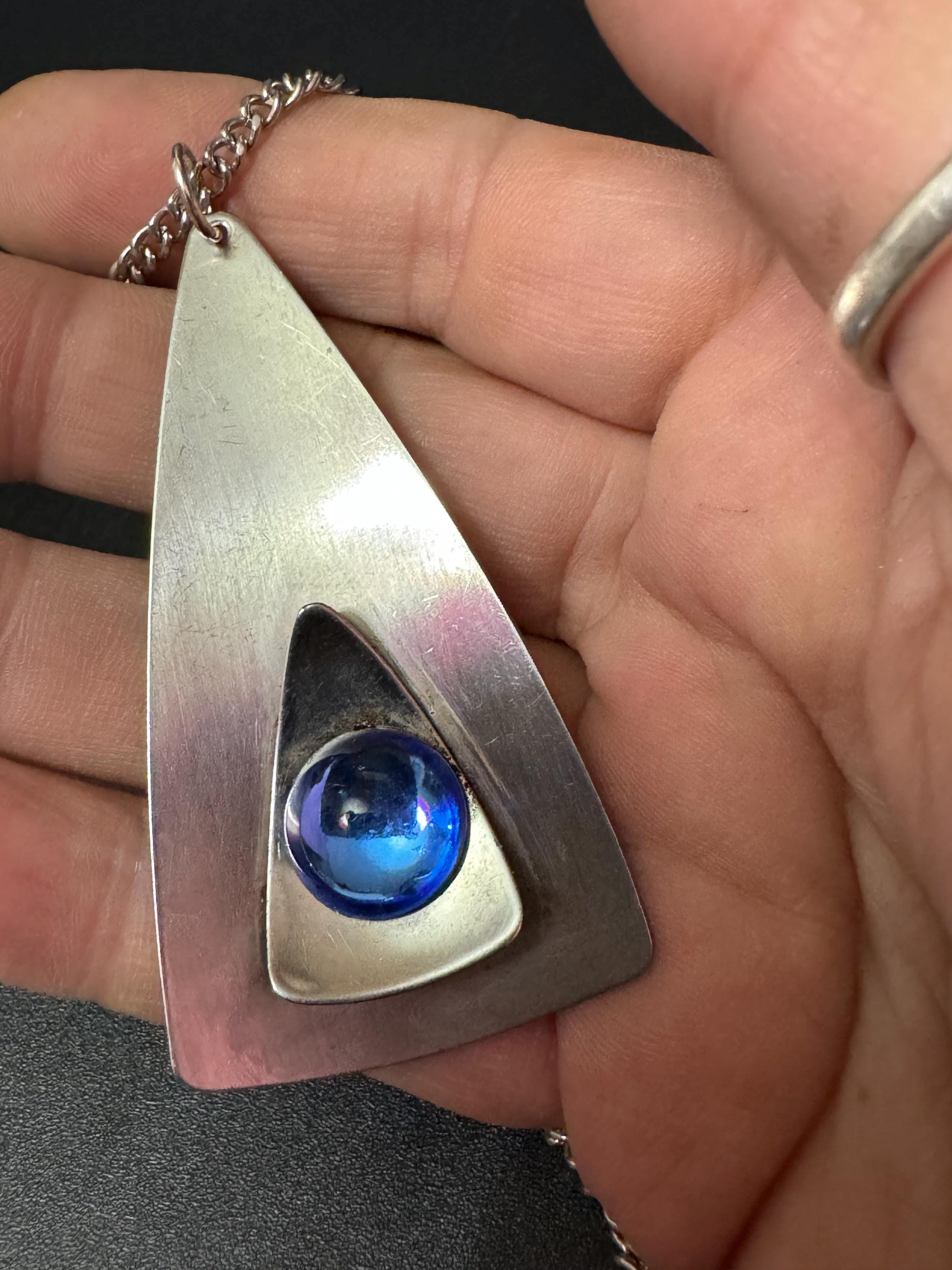 Vintage Modernist Stainless Steel Pendant Necklace: Blue Glass Cabochon, 1960s-70s