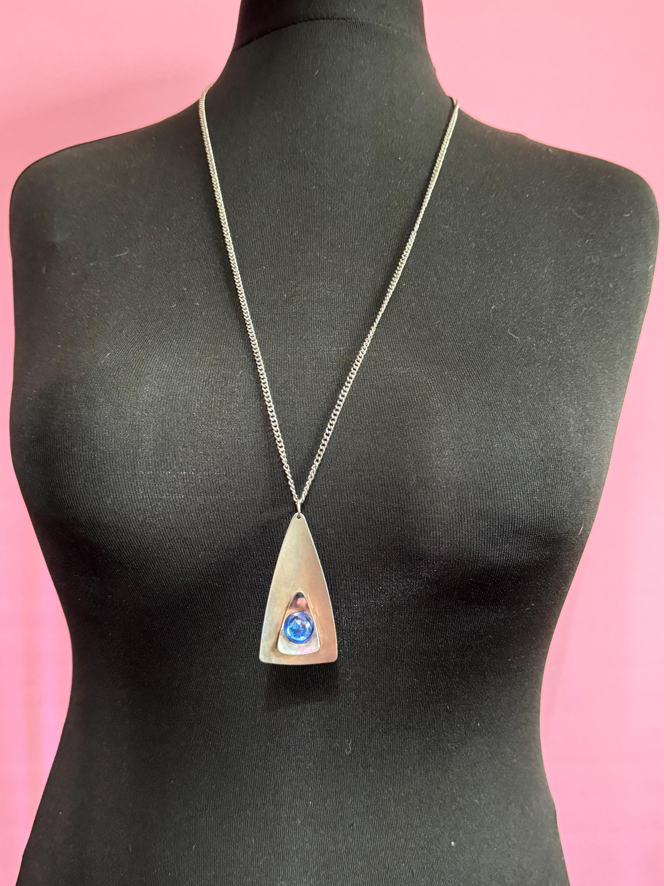 Vintage Modernist Stainless Steel Pendant Necklace: Blue Glass Cabochon, 1960s-70s
