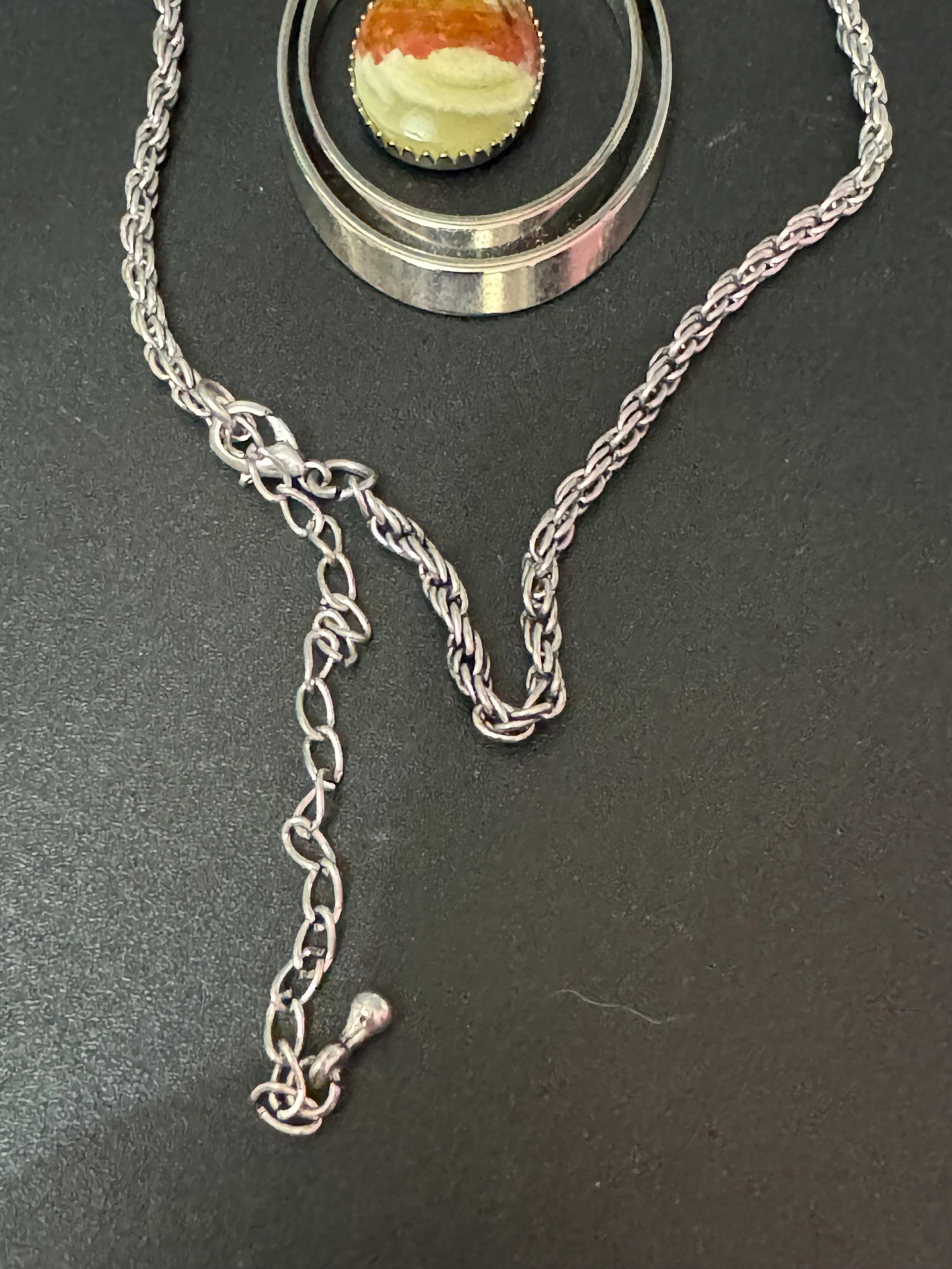 Vintage Modernist silver tone stainless Steel pendant necklace with suspended central agate gemstone drop Mid Century 1960s 1970s