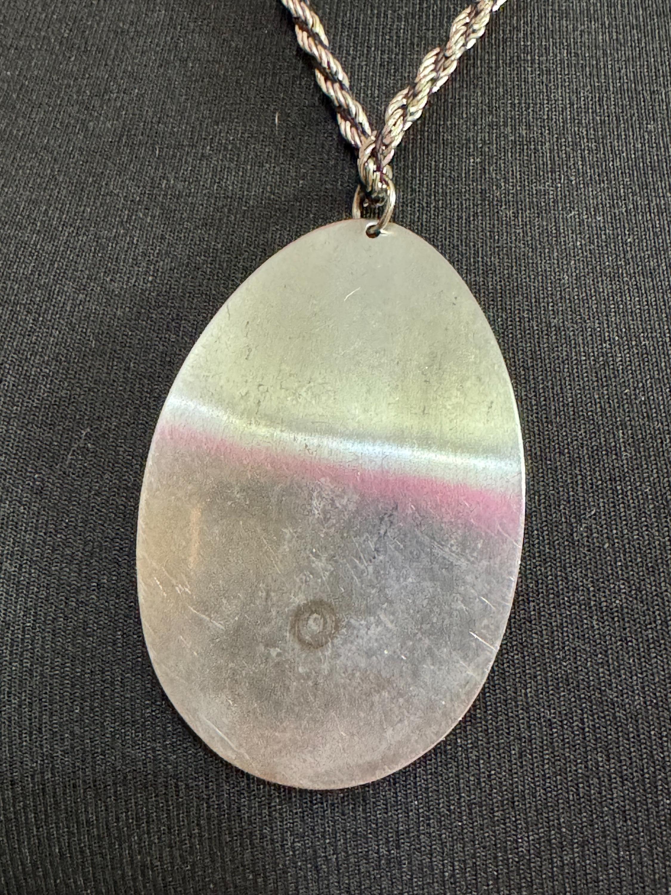 Vintage Modernist Etched Medallion Pendant Necklace: Mid Century Stainless Steel