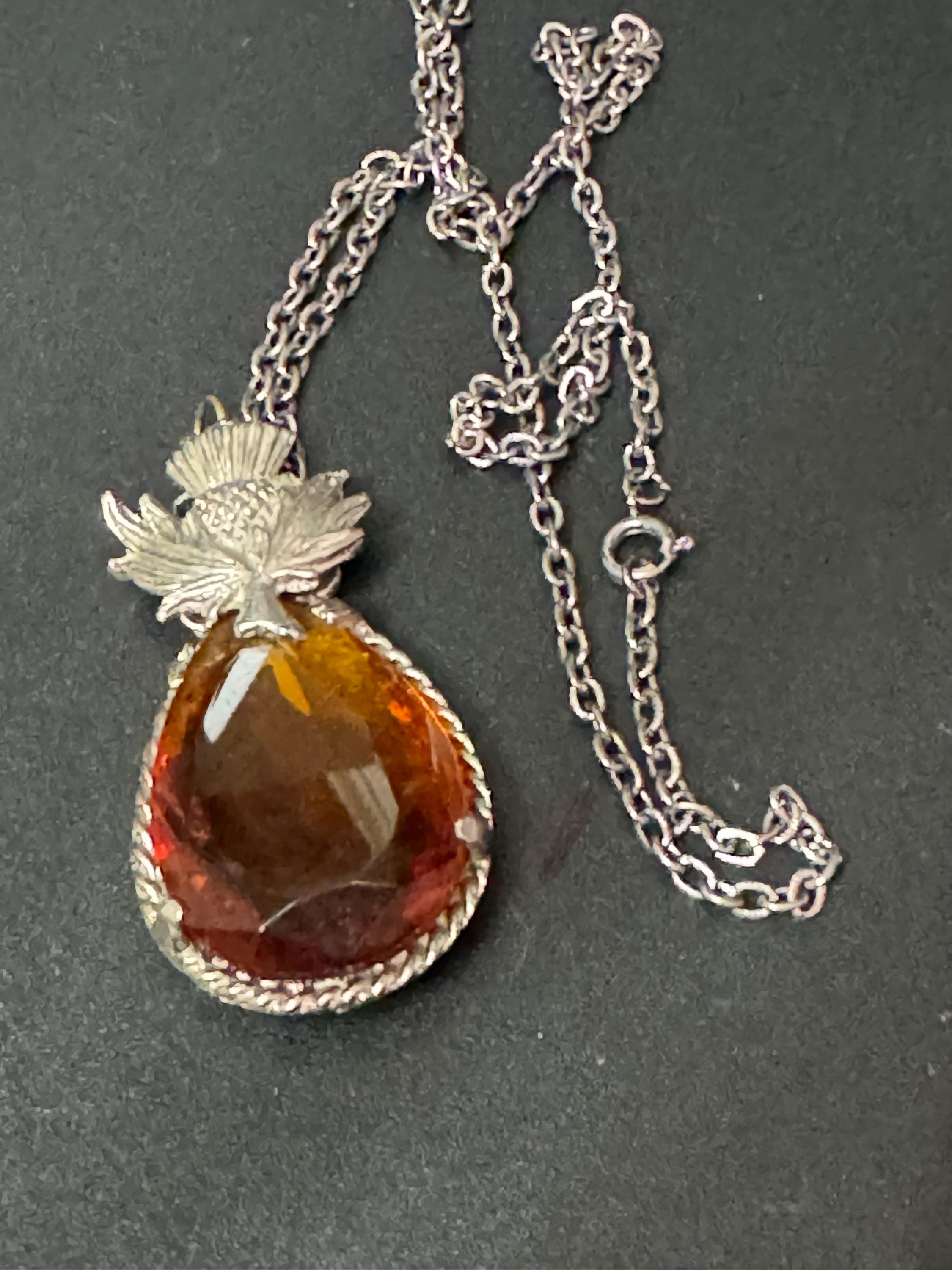 Scottish thistle silver tone orange faceted Glass teardrop pendant on 60cm chain Vintage