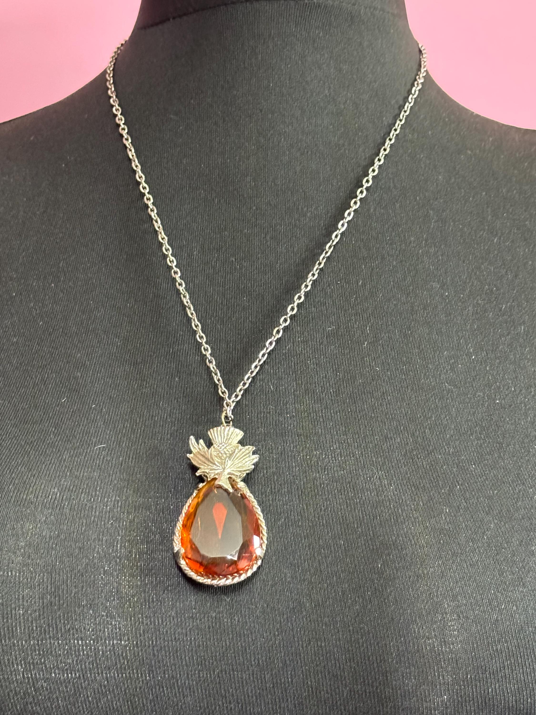 Scottish thistle silver tone orange faceted Glass teardrop pendant on 60cm chain Vintage