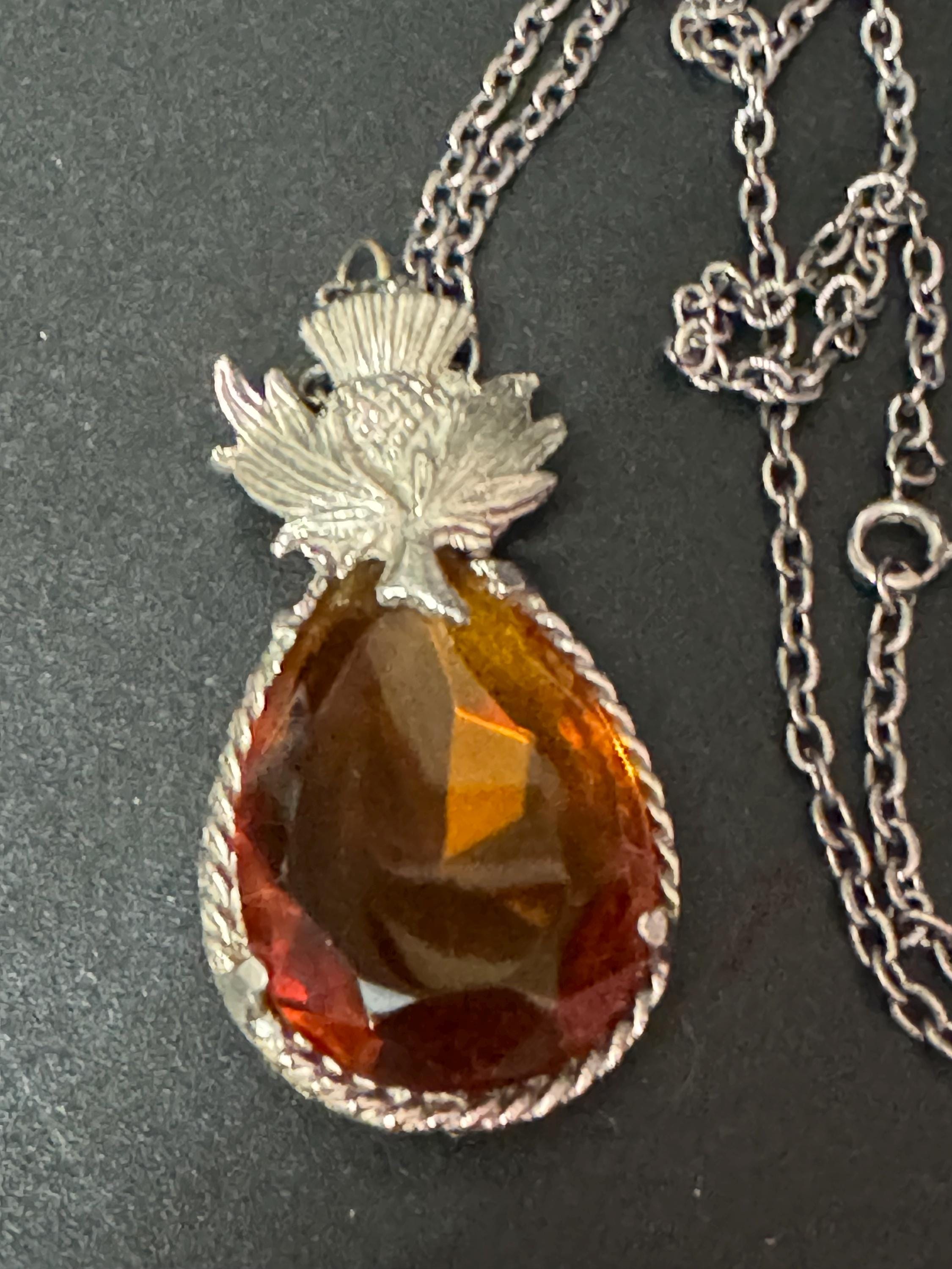 Scottish thistle silver tone orange faceted Glass teardrop pendant on 60cm chain Vintage