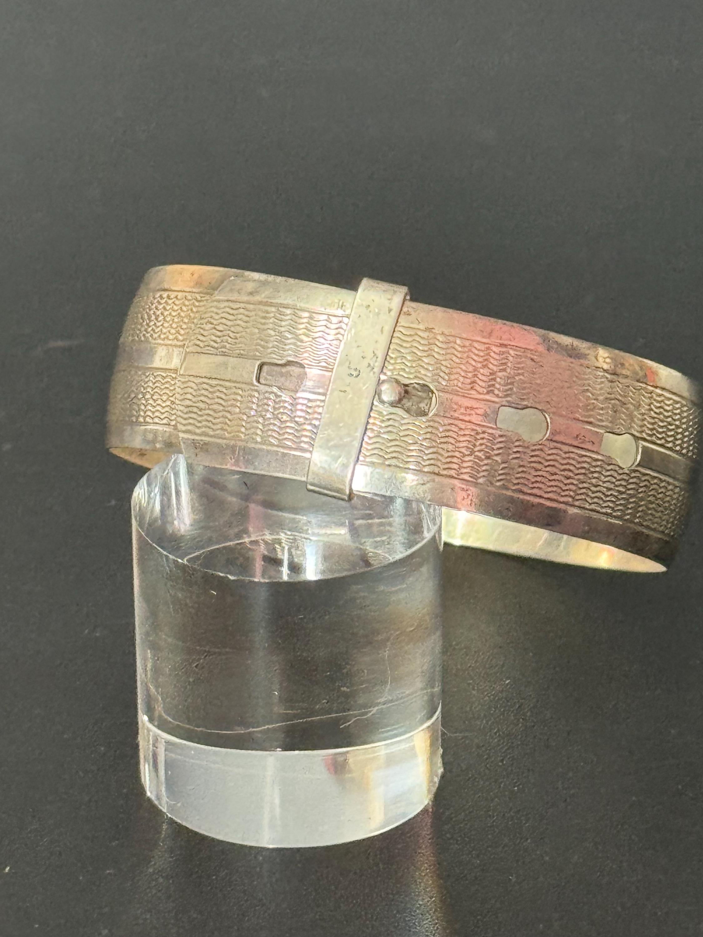 Vintage art deco 925 sterling silver wide belt buckle adjustable Cuff Bangle Bracelet 23.8 grams engine turned