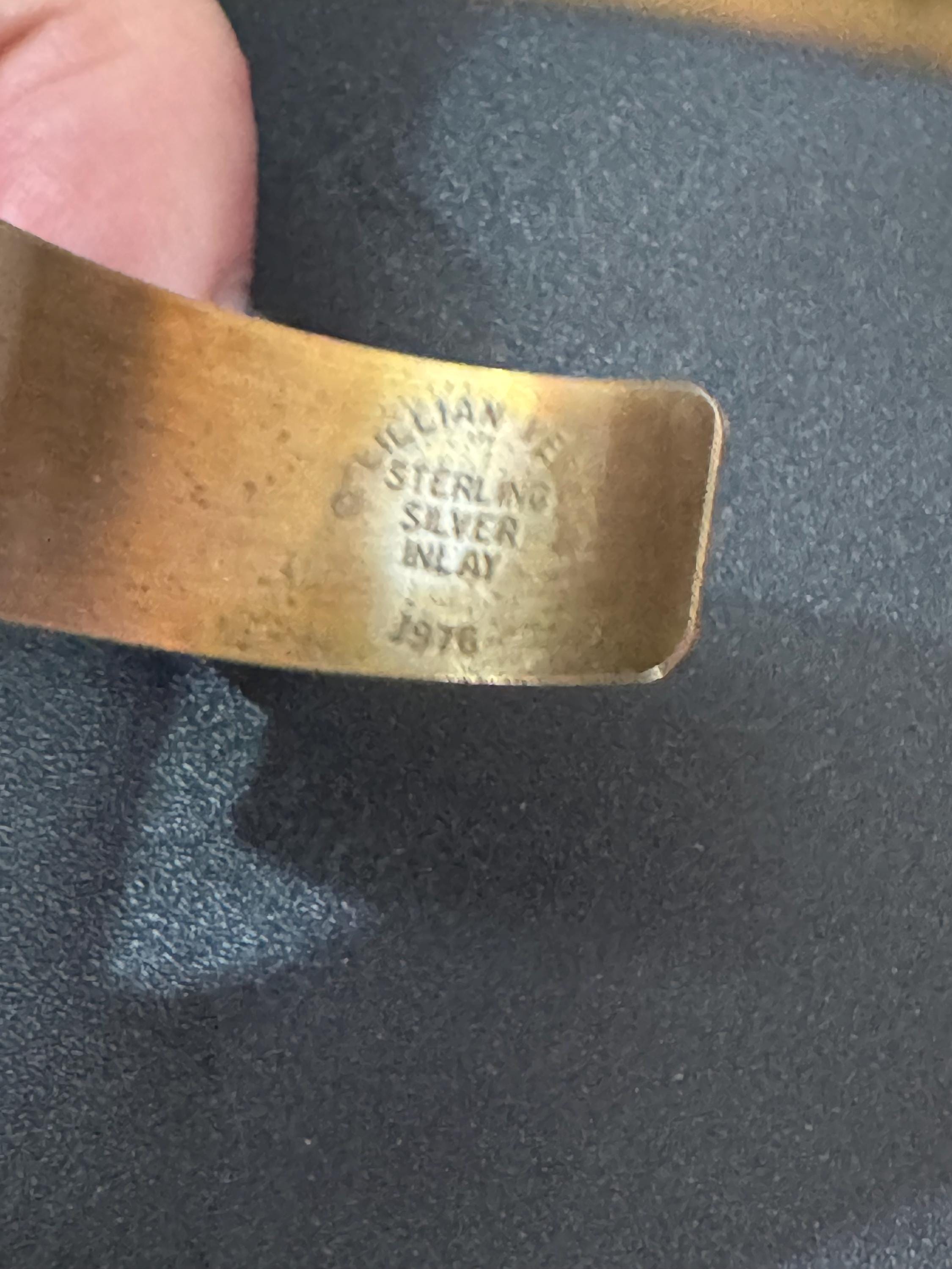 Vintage 1979s LILLIAN VERNON 925 Sterling Silver Inlay Vintage 2 Tone Cuff  bangle Bracelet 15.7 grams modernist abstract design 1976 brass