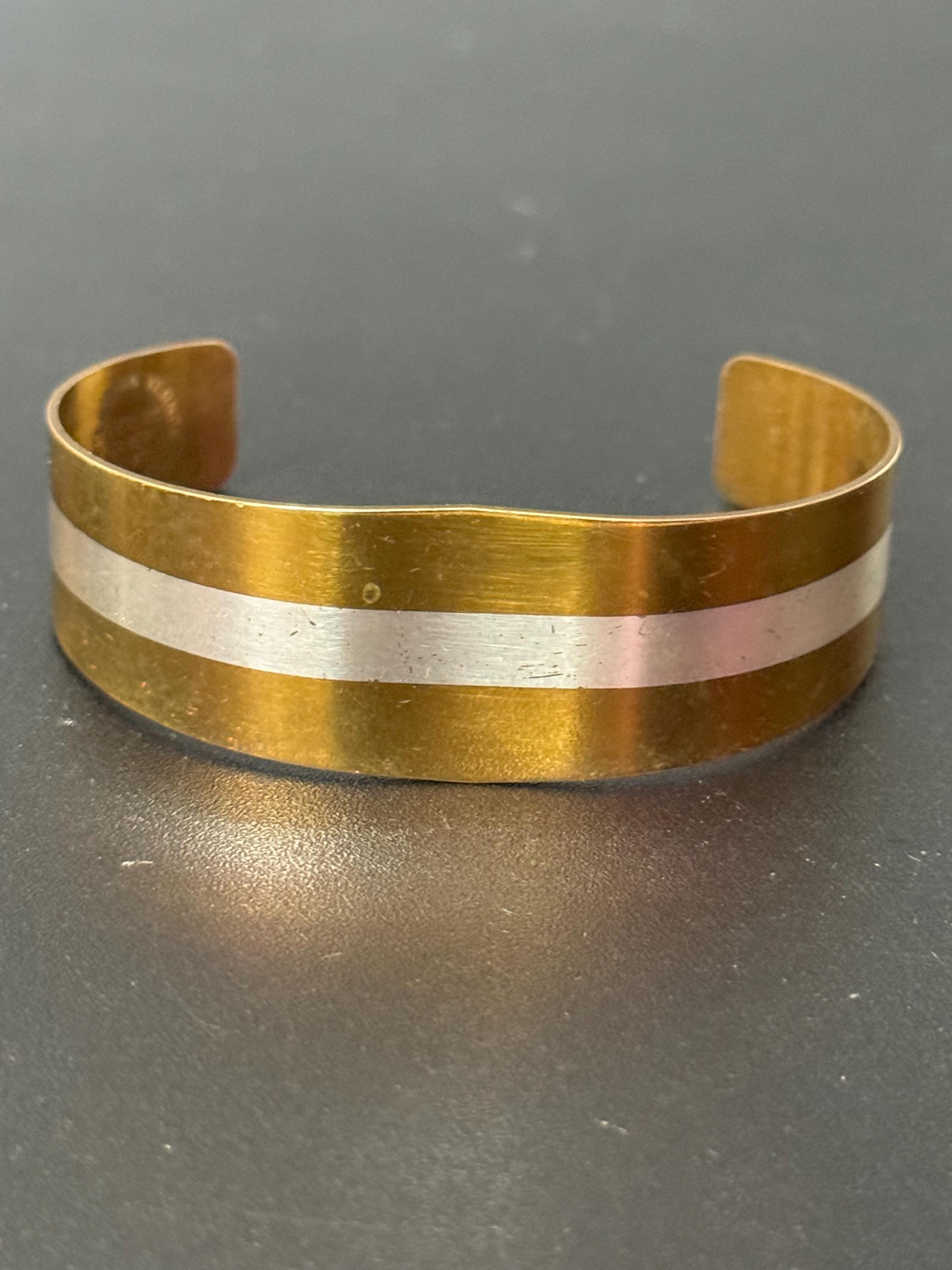 Vintage 1979s LILLIAN VERNON 925 Sterling Silver Inlay Vintage 2 Tone Cuff  bangle Bracelet 15.7 grams modernist abstract design 1976 brass