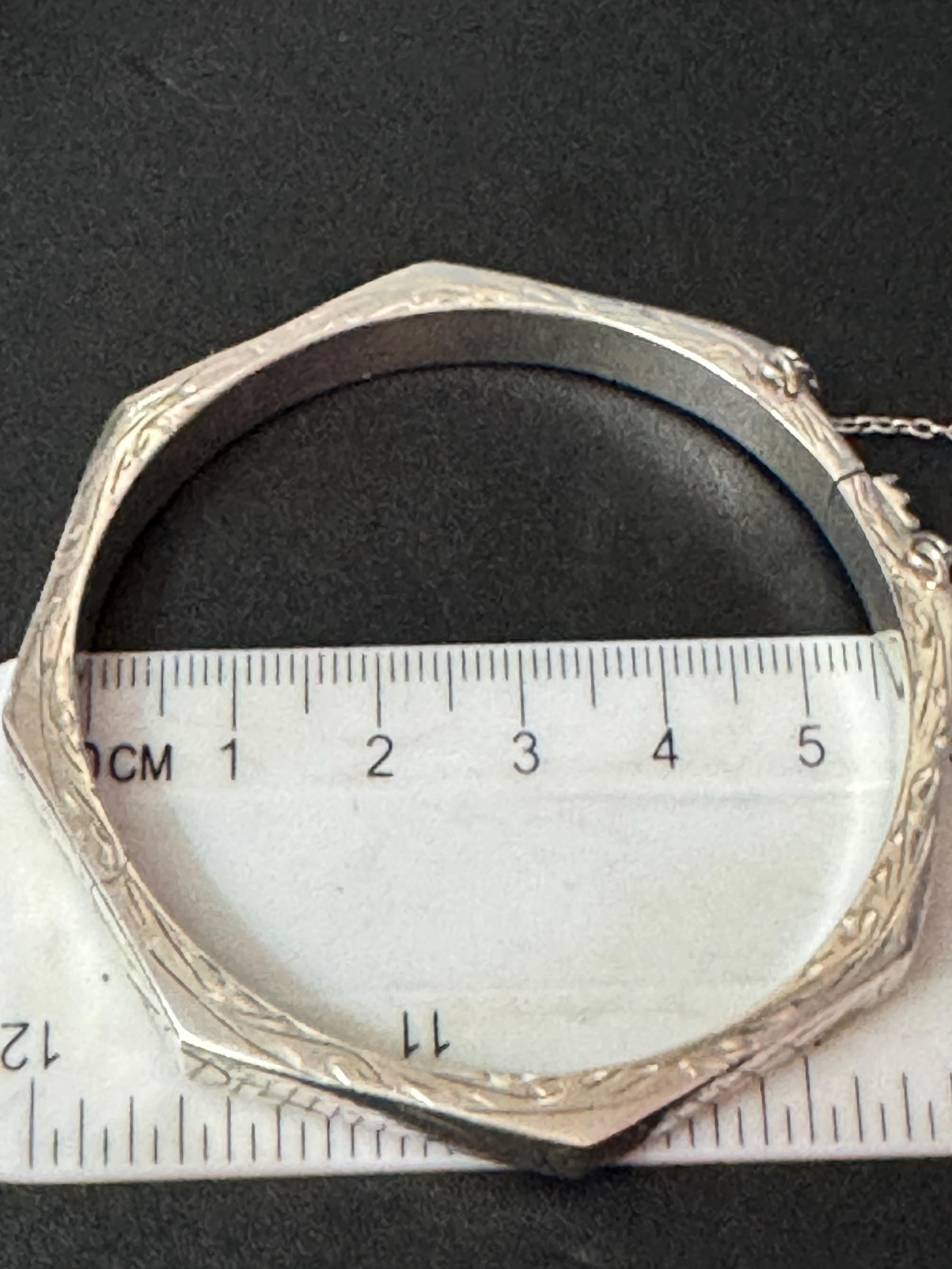 Hexagonal etched clamper bangle stamped 925 for Sterling silver floral 8mm wide 13.3grams